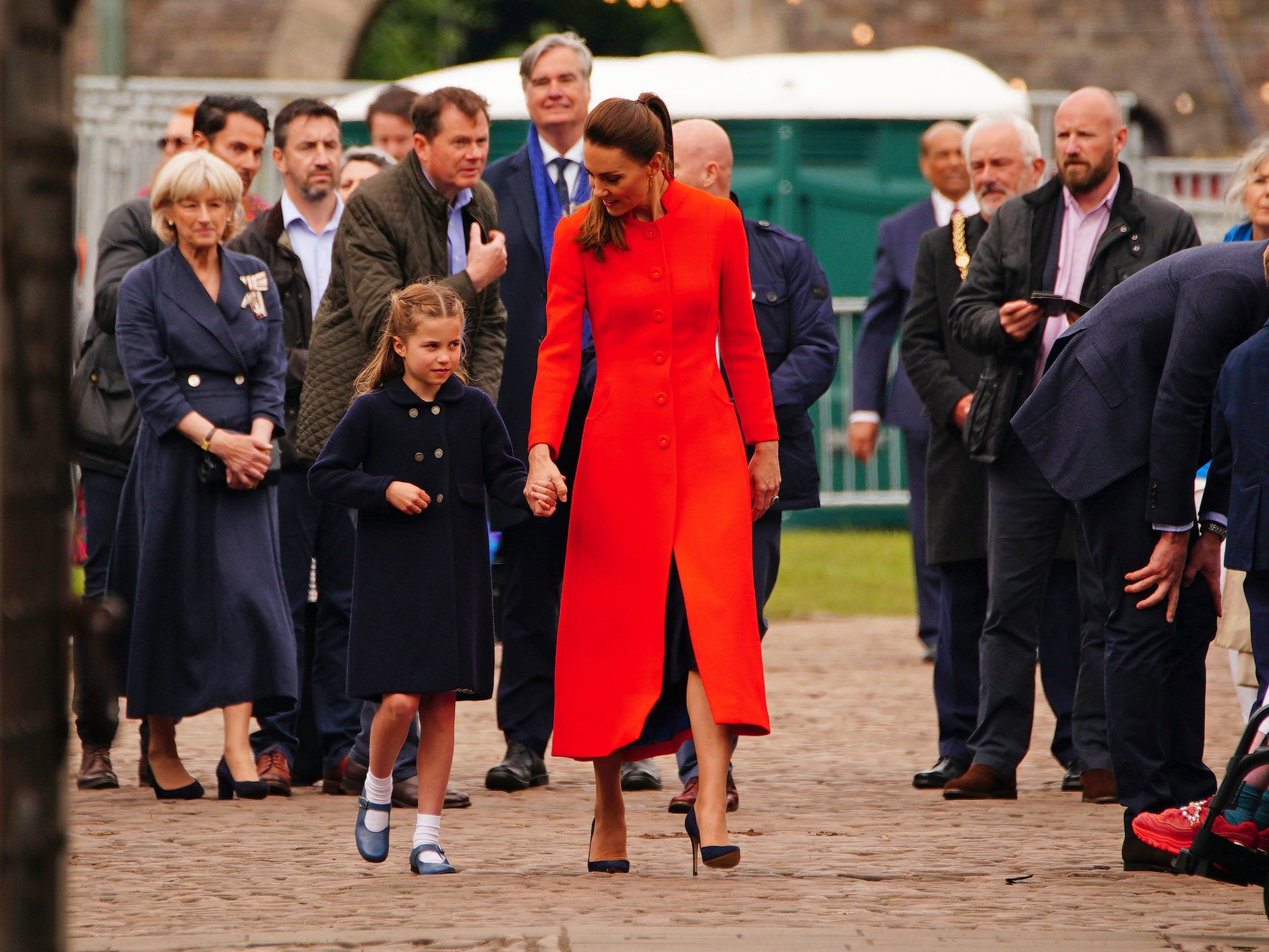 The Duchess of Cambridge and Princess Charlotte during their visit to Cardiff Castle to meet performers and crew involved in the special Platinum Jubilee Celebration Concert