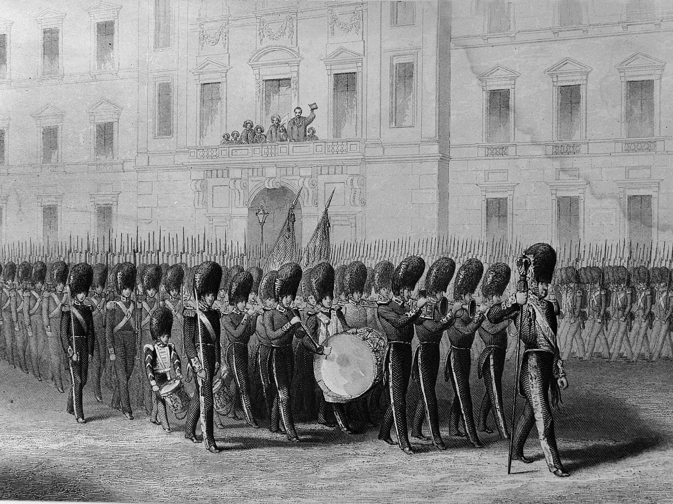 A sketch of soldiers headed for the Crimean War march past Queen Victoria in 1853