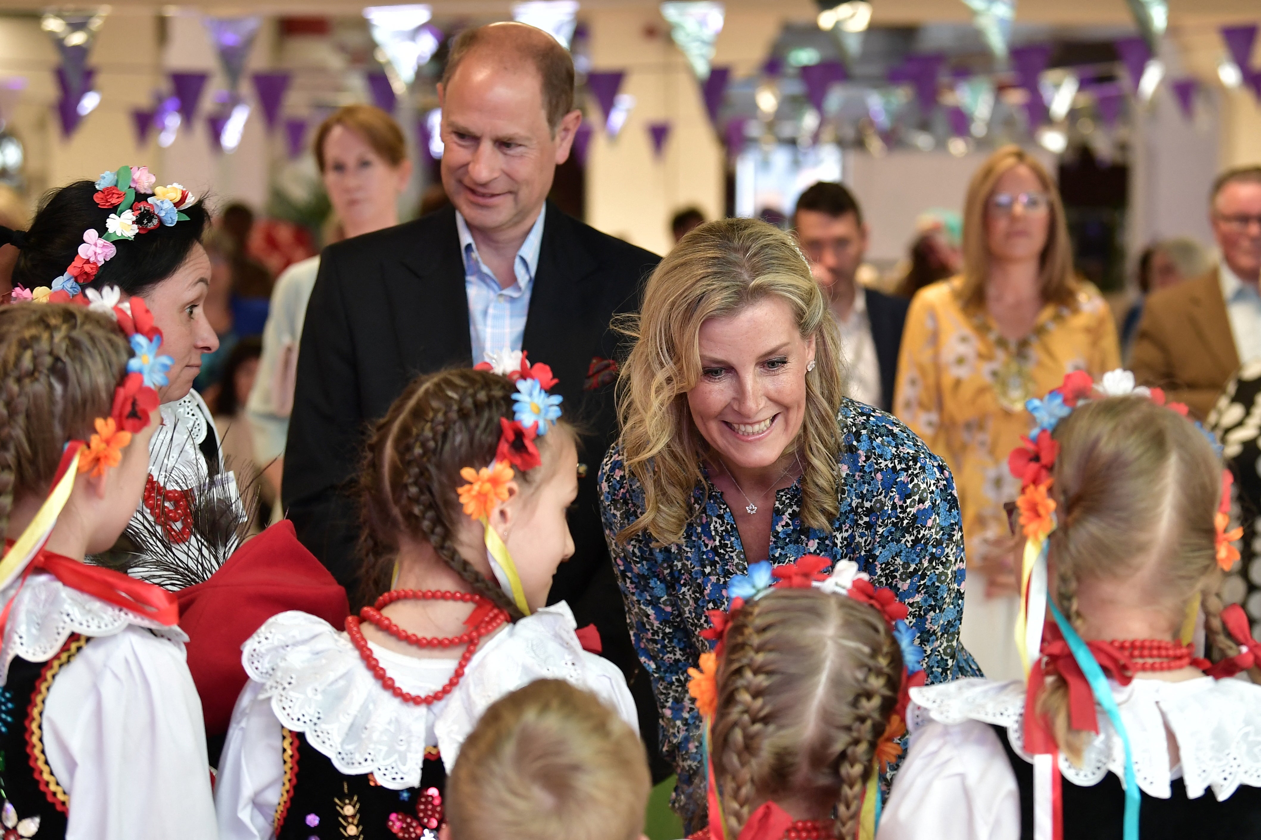 Prince Edward, Earl of Wessex and Sophie, Countess of Wessex meet local children during the Queen's Platinum Jubilee celebration in Belfast, Northern Ireland