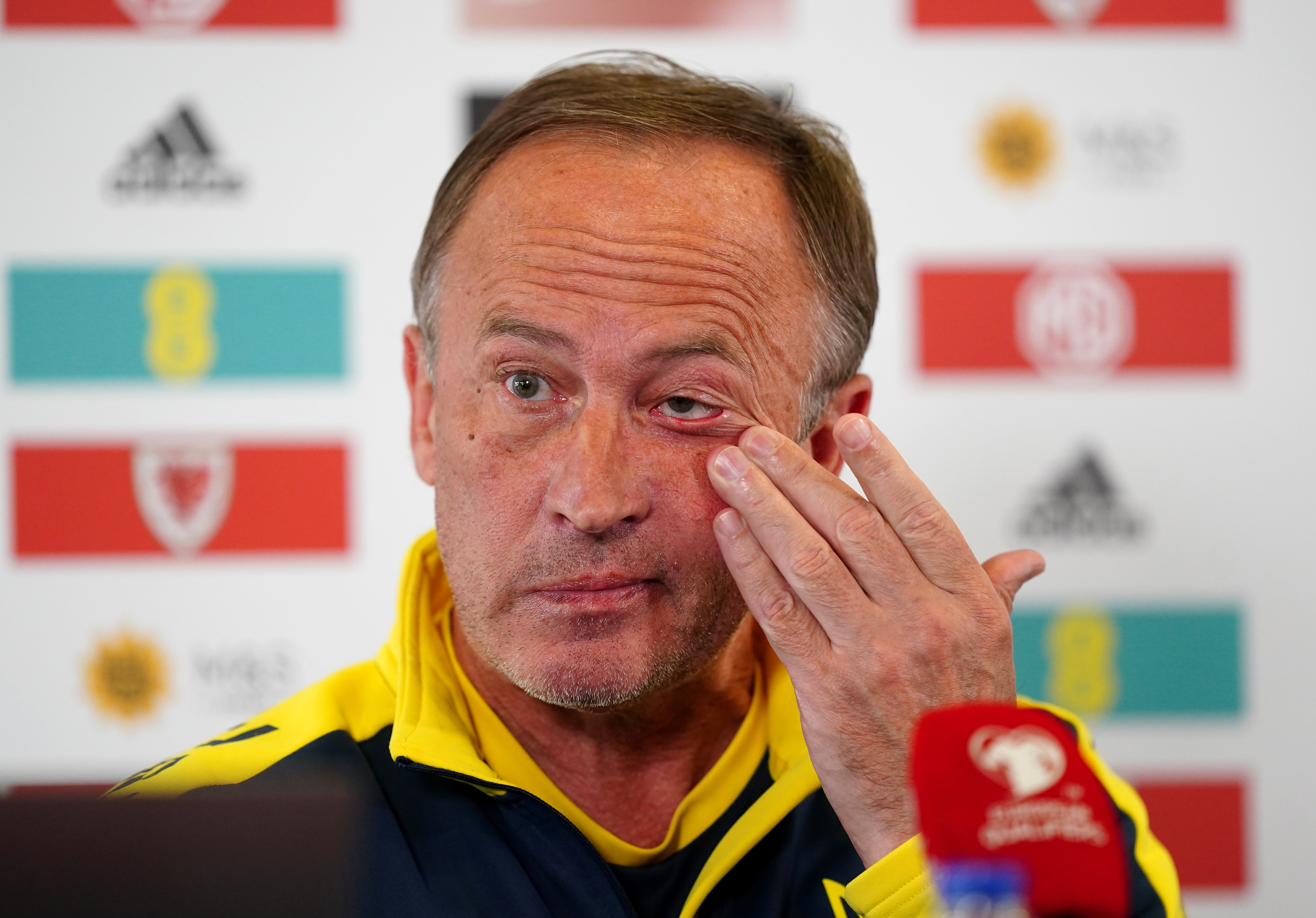 Ukraine manager Oleksandr Petrakov wiped away a tear during his press conference (Mike Egerton/PA)