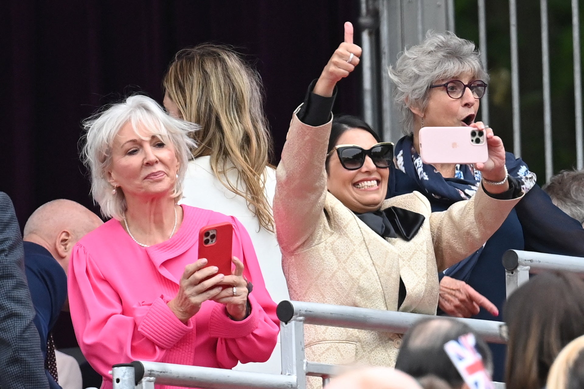 Culture Secretary Nadine Dorries and Home Secretary Priti Patel arrive at the BBC Platinum Party at the Palace