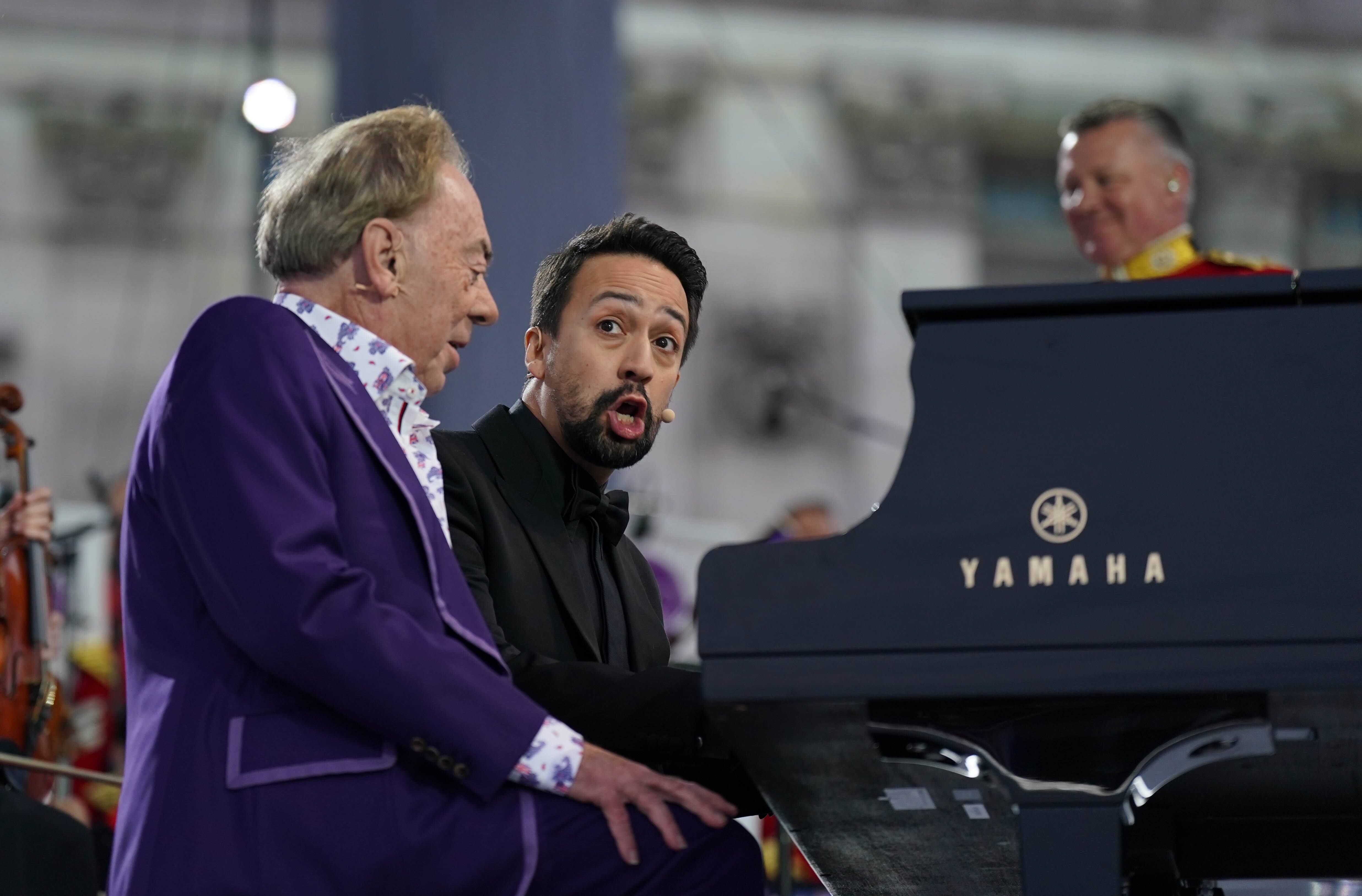 Lord Andrew Lloyd Webber and Lin-Manuel Miranda perform during the Platinum Party at the Palace (Joe Giddens/PA)