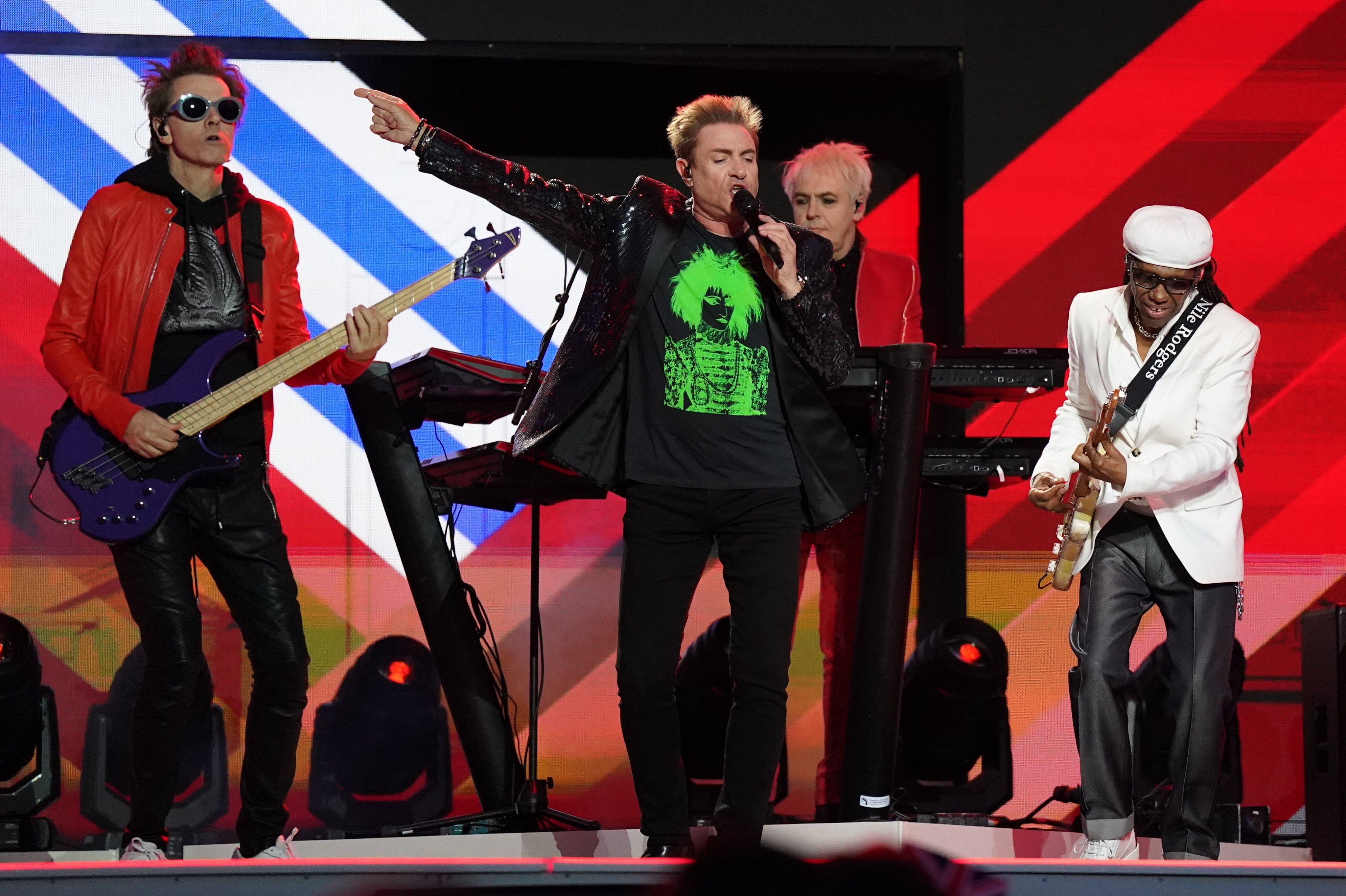 Duran Duran and Nile Rodgers perform during the Platinum Party at the Palace staged in front of Buckingham Palace on day three of the Platinum Jubilee celebrations for the Queen (Jacob King/PA)