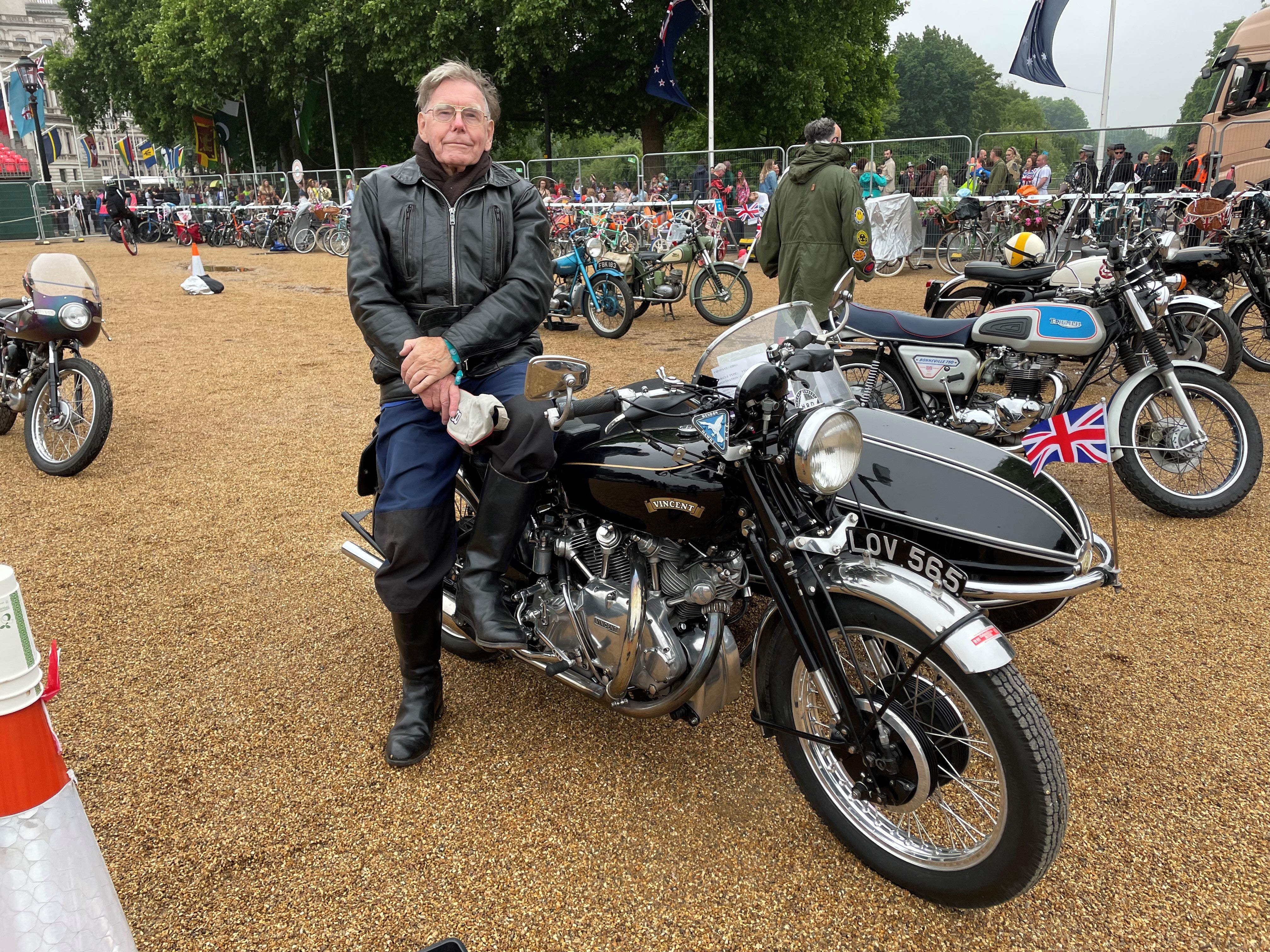 Peter Biles, 86, from High Barnet, is riding his vintage motorcycle as part of a fleet of 1950s vehicles in the Platinum Jubilee Pageant in London (Sophie Wingate/PA)