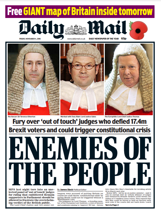 The Daily Mail published an infamous front page criticising three judges who ruled that the government would require parliament’s consent to give notice of Brexit