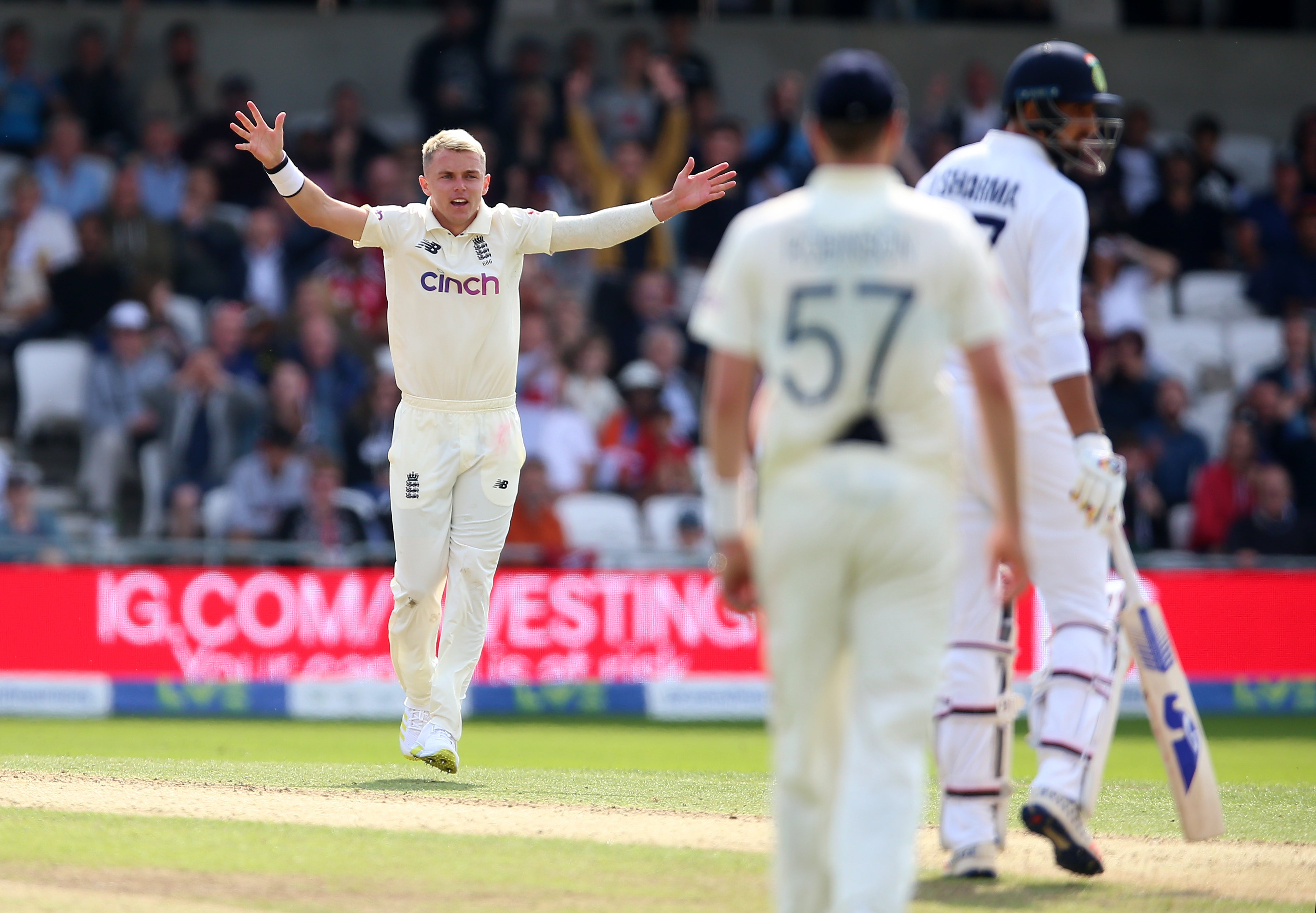 Sam Curran celebrates the lbw of India’s Ravindra Jadeja in August (Nigel French/PA)