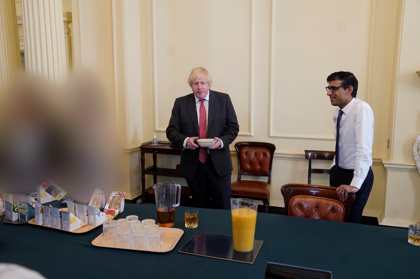 Boris Johnson and the chancellor, Rishi Sunak, at a gathering in the Cabinet Room in No 10 on 19 June 2020 – the prime minister’s birthday