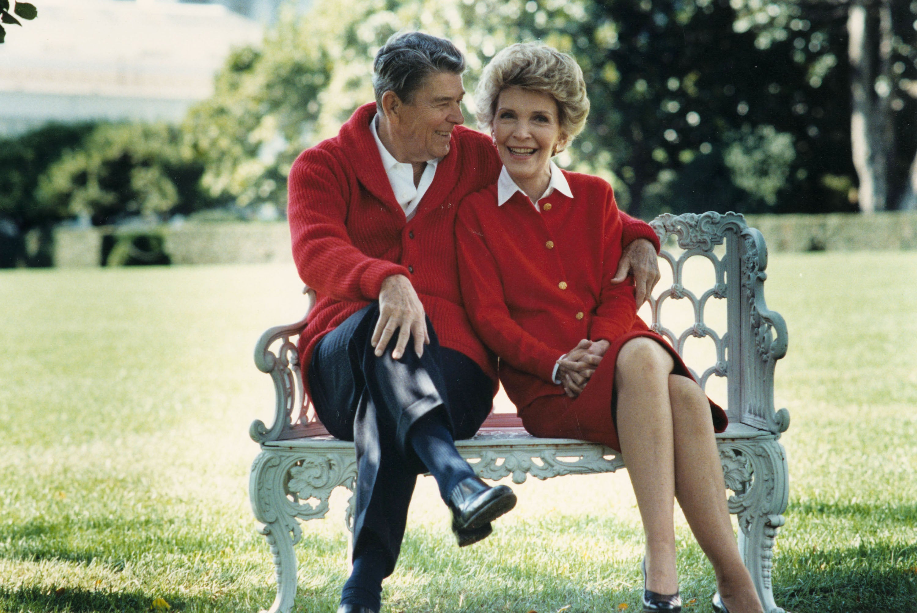 Former U.S. President Ronald Reagan and First Lady Nancy Reagan share a moment in this undated file photo.