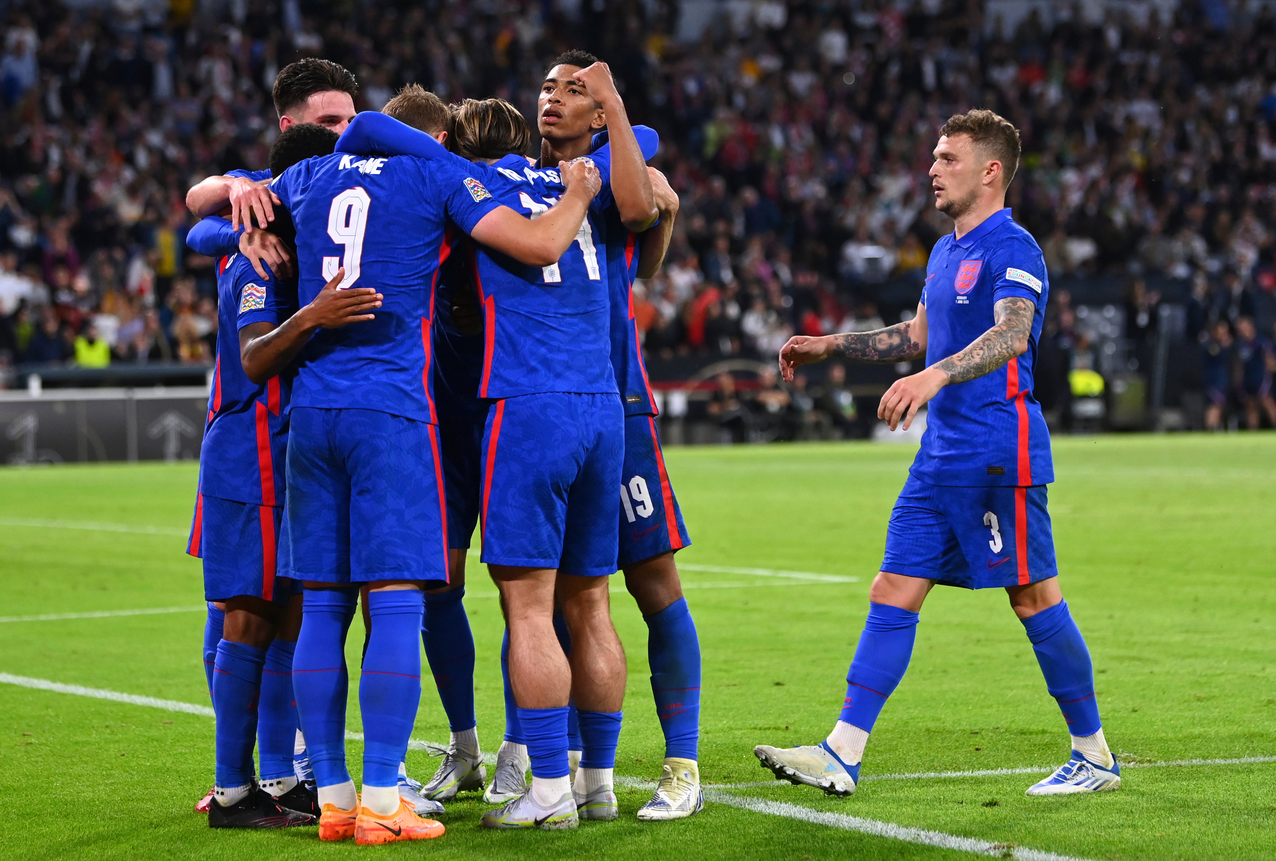 Kieran Trippier joins in the celebrations after Harry Kane’s equaliser (Markus Ulmer/AP).