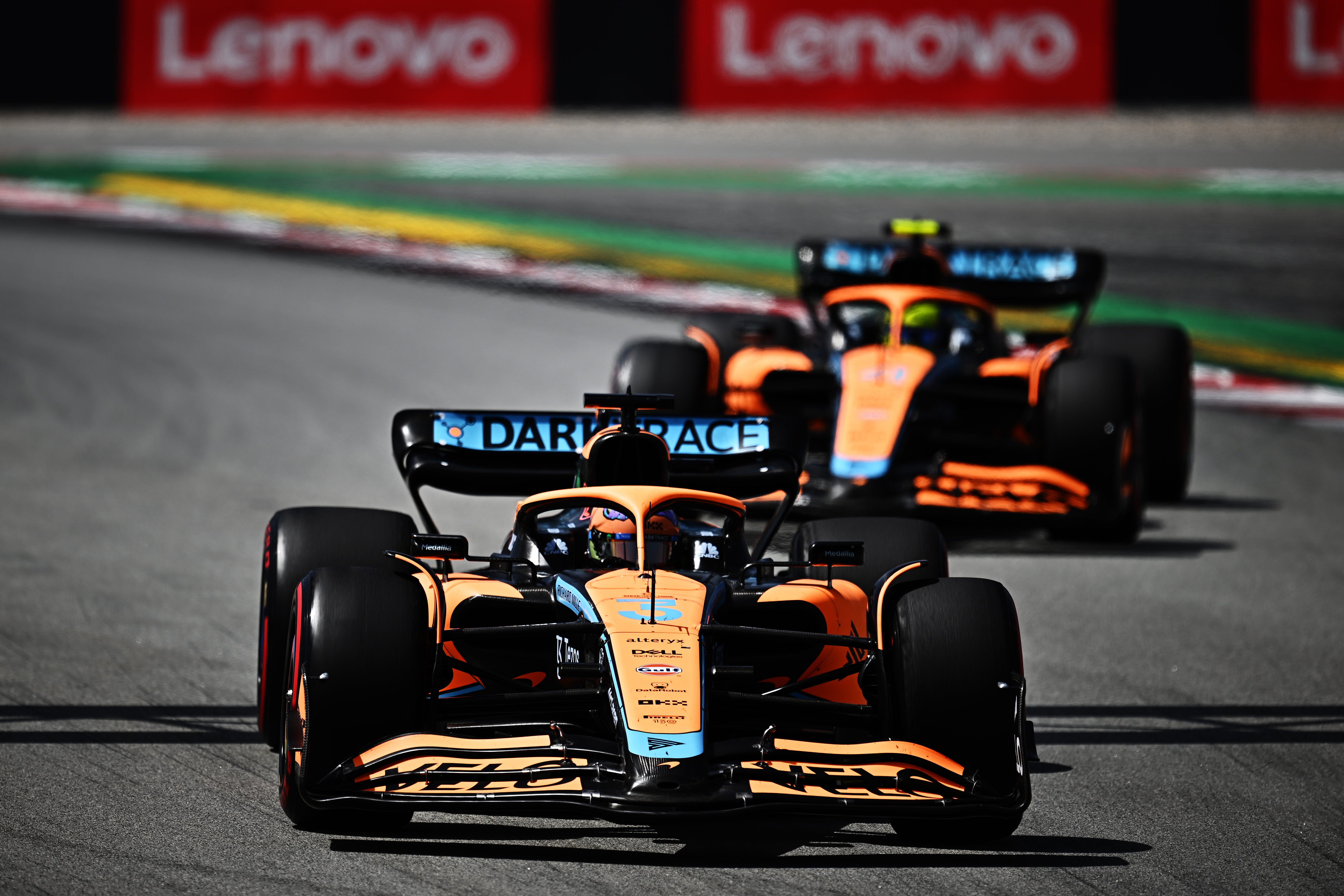 Daniel Ricciardo and Lando Norris on track in Barcelona