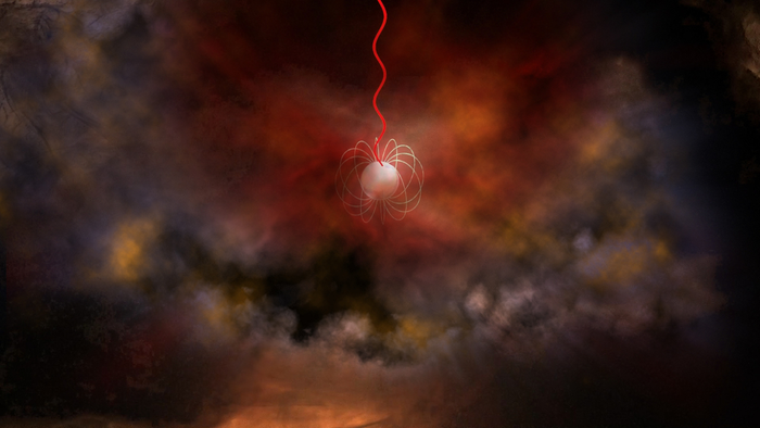 An artist's conception of a neutron star with an ultra-strong magnetic field, called a magnetar, emitting radio waves (red). Magnetars are a leading candidate for what generates Fast Radio Bursts.