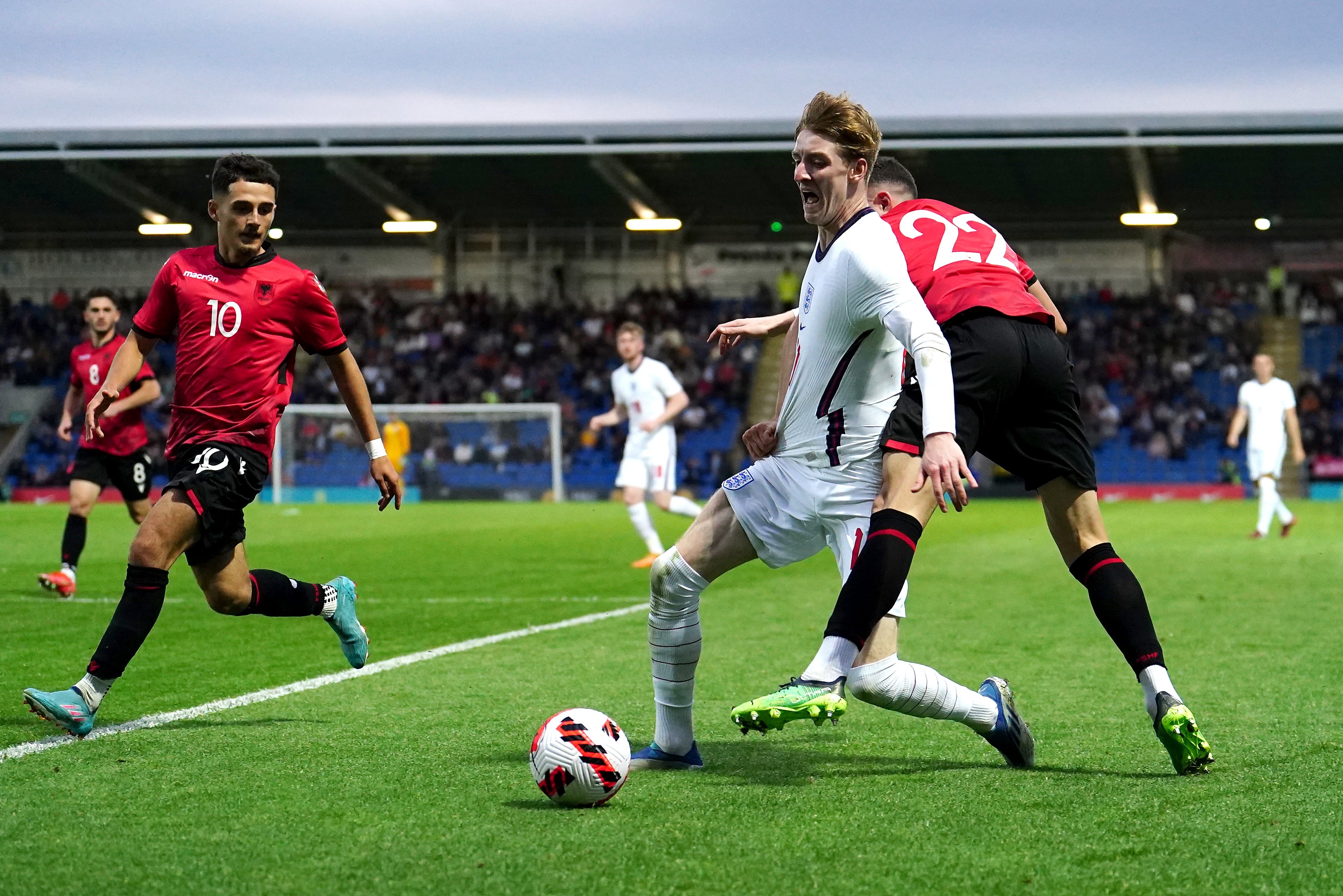 Anthony Gordon (centre) was targeted by Albania in England Under-21s’ 3-0 win (Martin Rickett/PA)