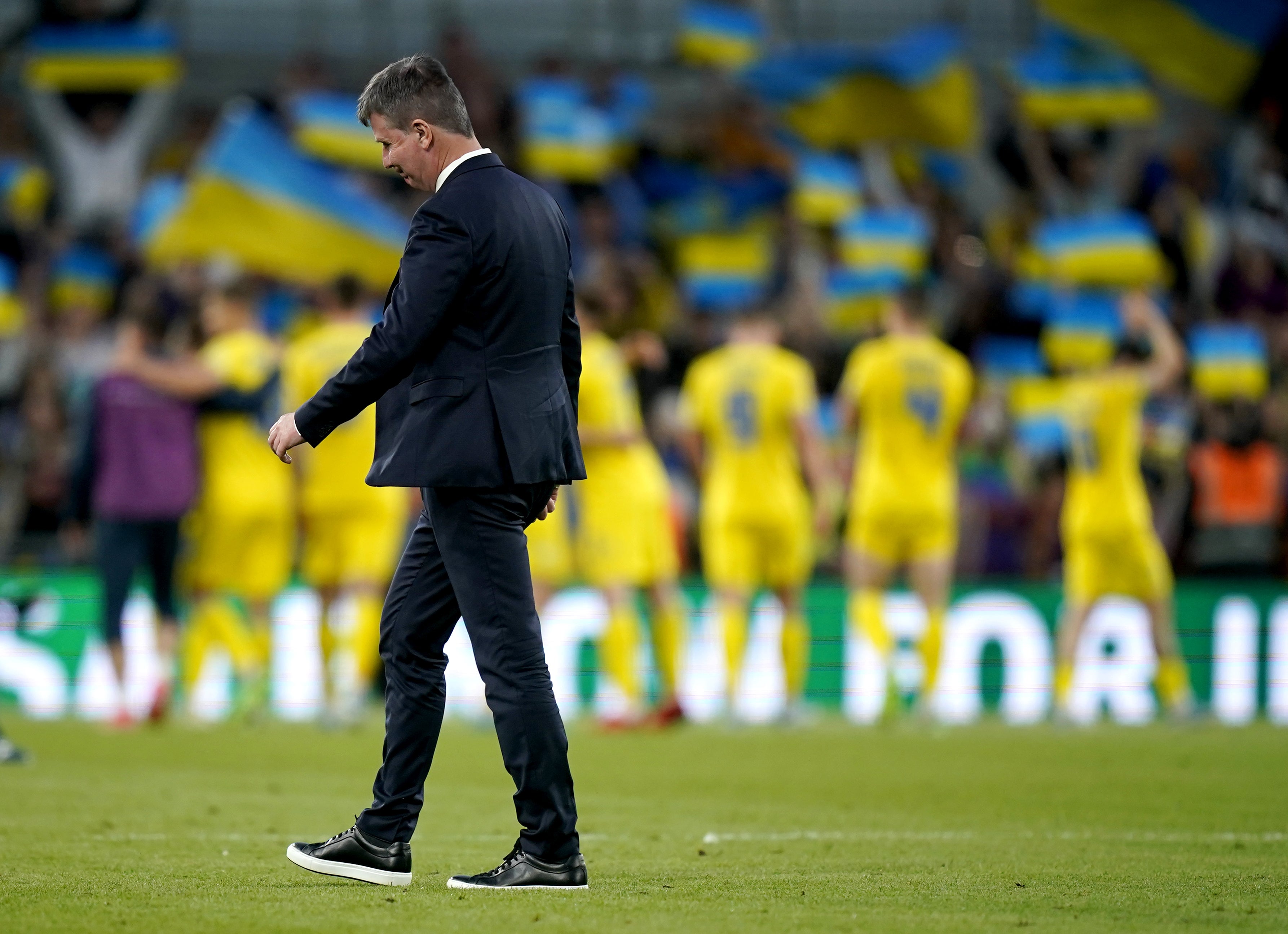 Republic of Ireland manager Stephen Kenny looks dejected after seeing his side slip to Nations League defeat by Ukraine (Niall Carson/PA)