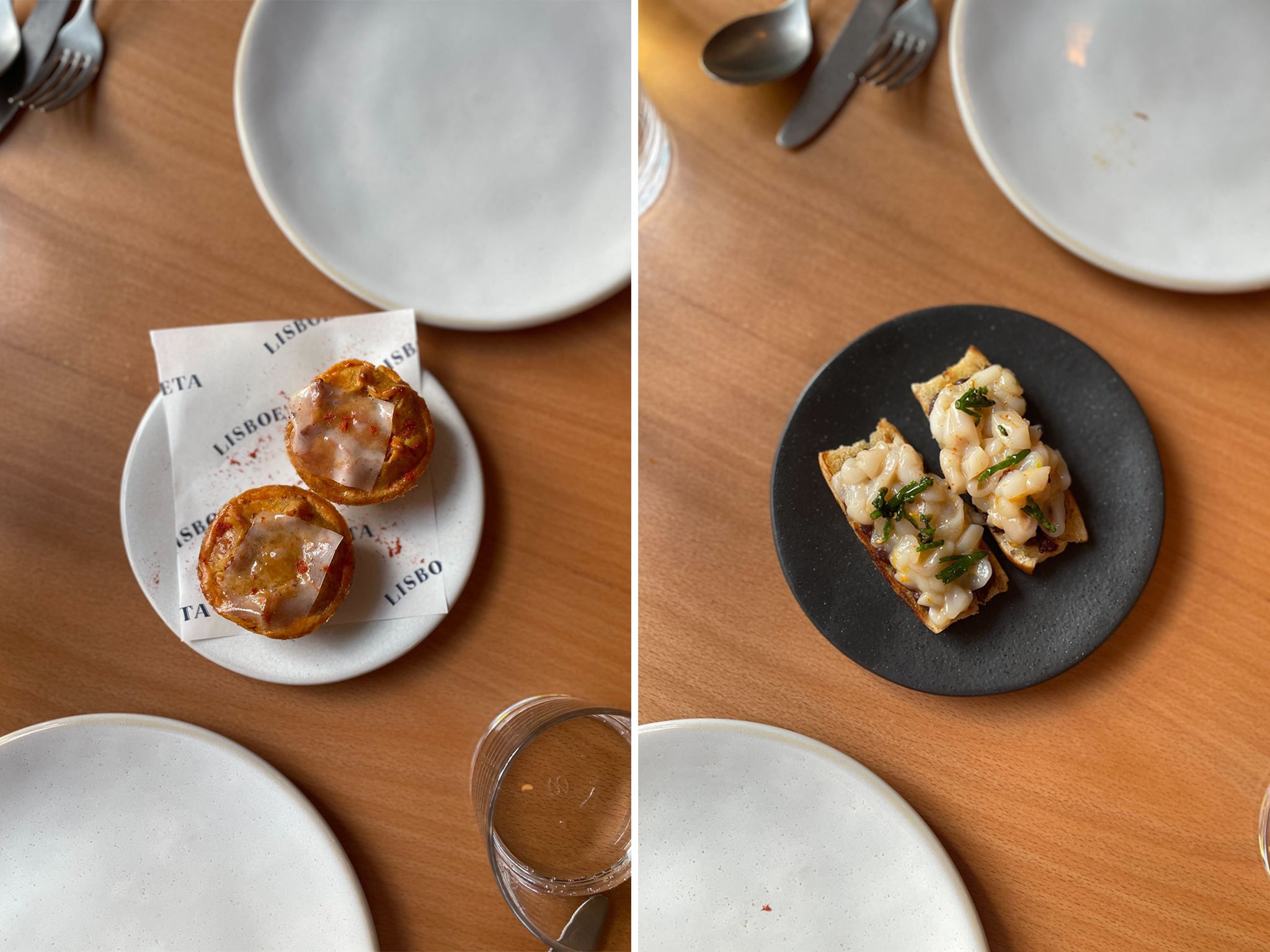 Snacks: Goan-spiced pork pie and Morcela sausage and razor clams on toast