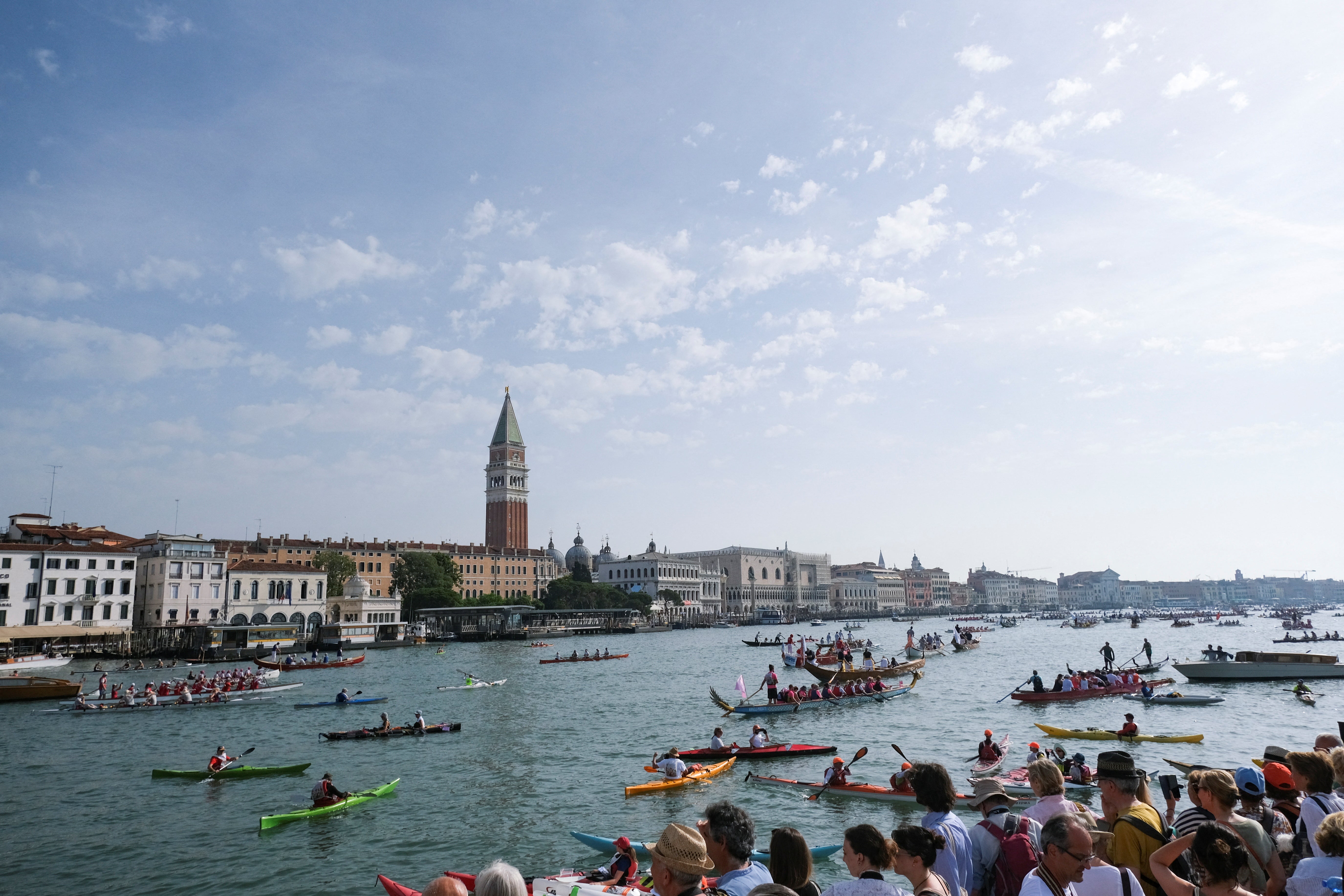 Rowers arrive at St Mark’s Basin to take part in the Vogalonga regatta in Venice on 5 June