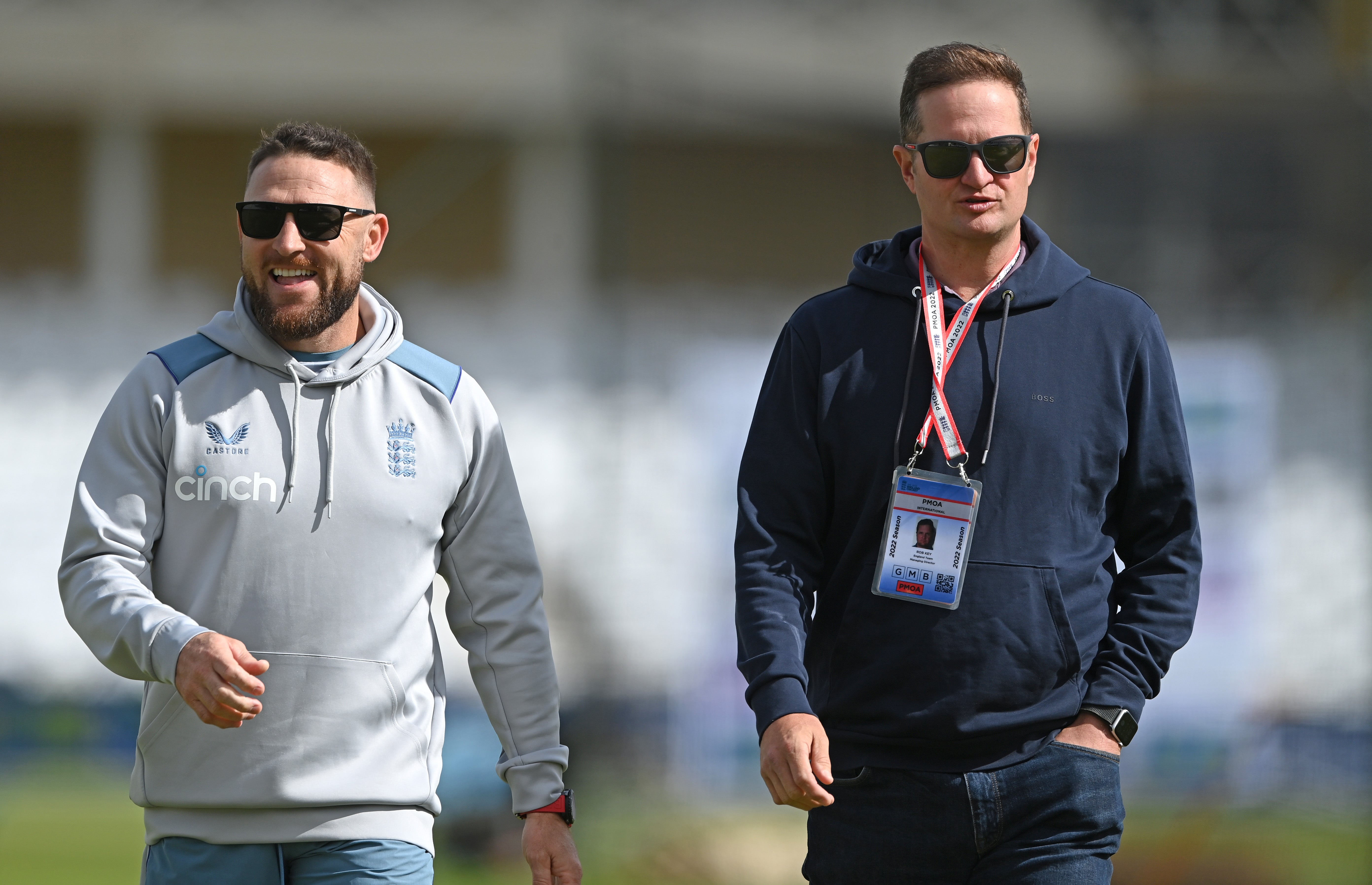 England coach Brendon McCullum chats with Robert Key, managing director of England men’s cricket