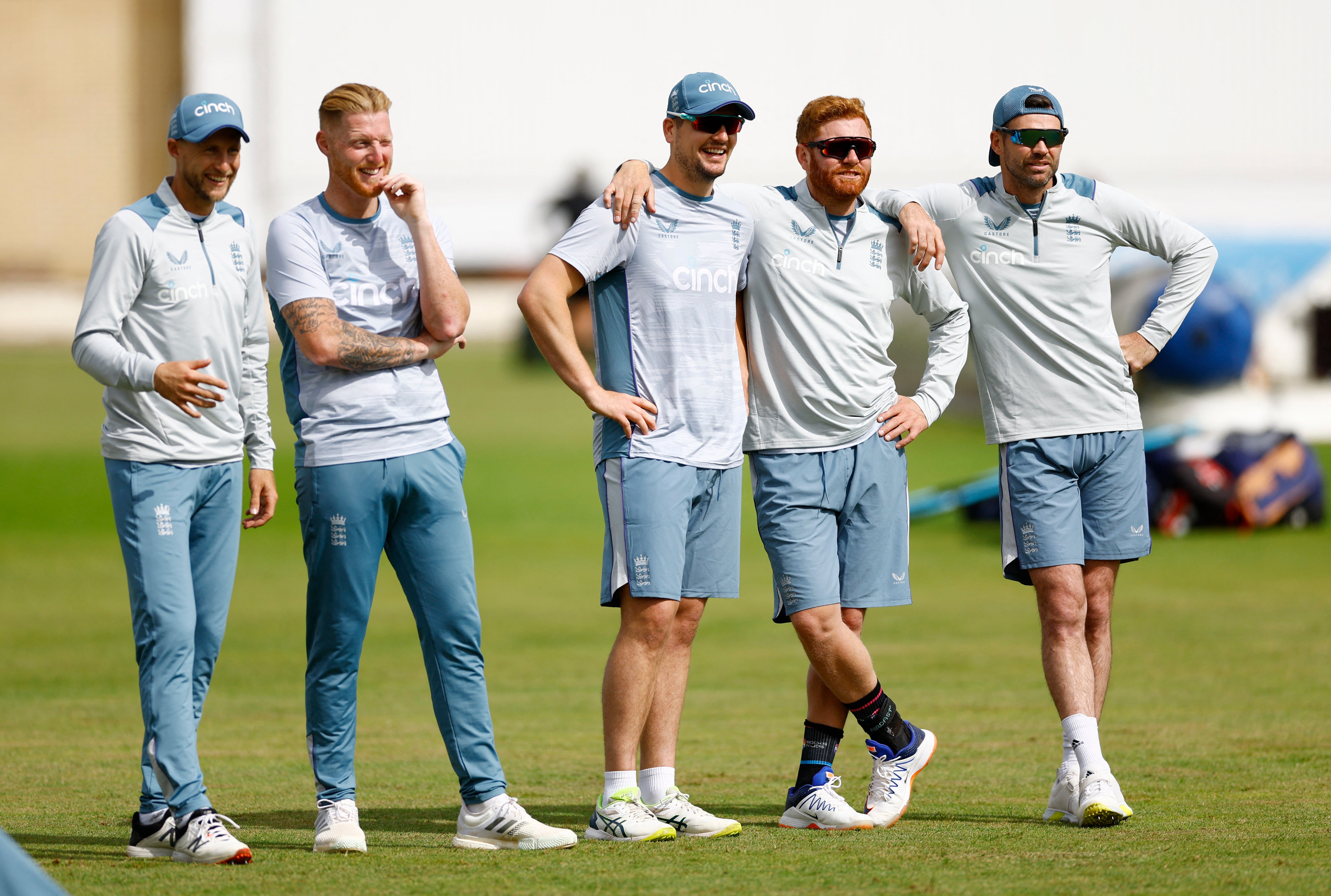 England players (from left) Joe Root, Ben Stokes, Alex Lees, Jonny Bairstow and James Anderson during practice