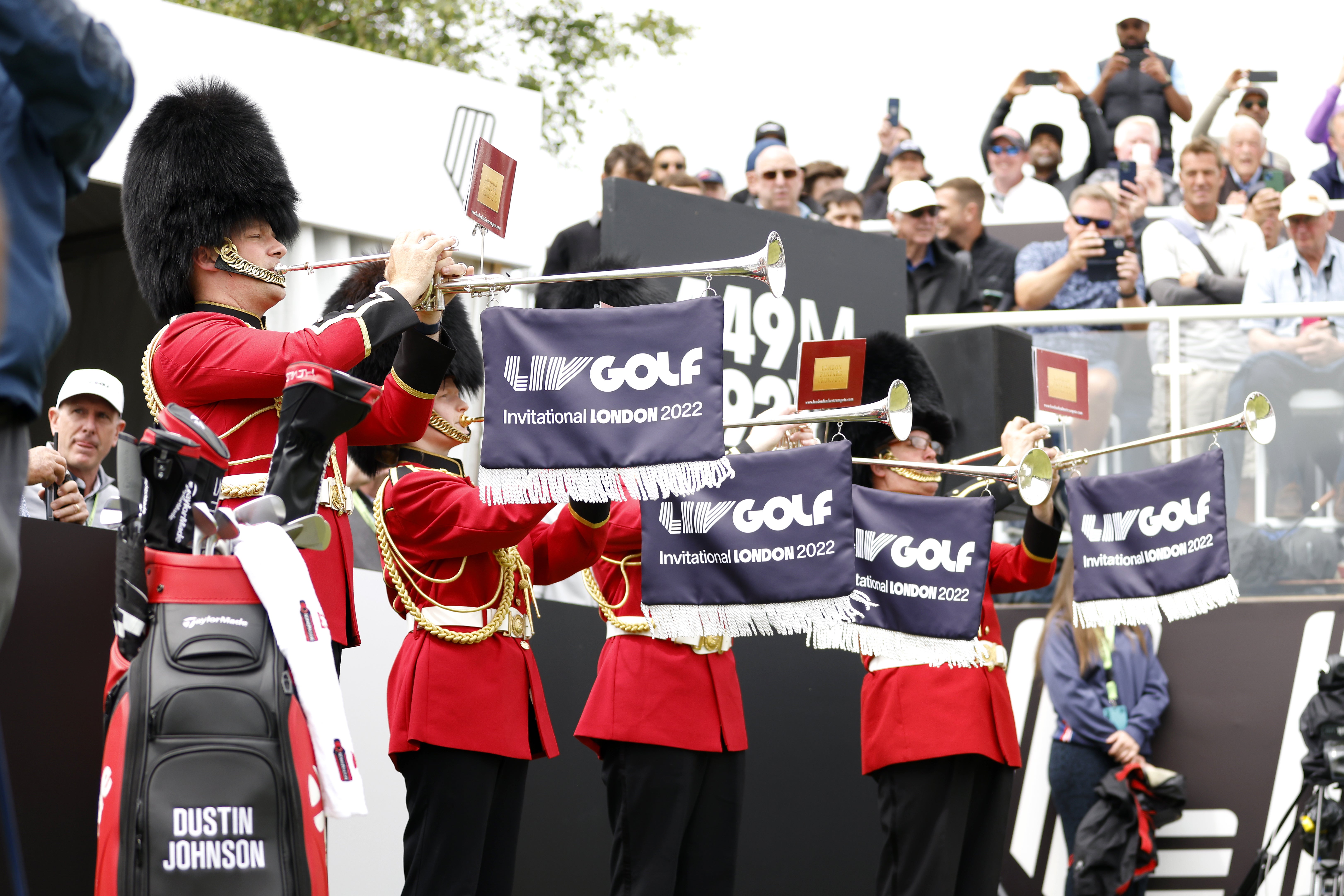 Trumpet players on the first tee on day one of the LIV Golf Invitational Series at Centurion Club (Steven Paston/PA)