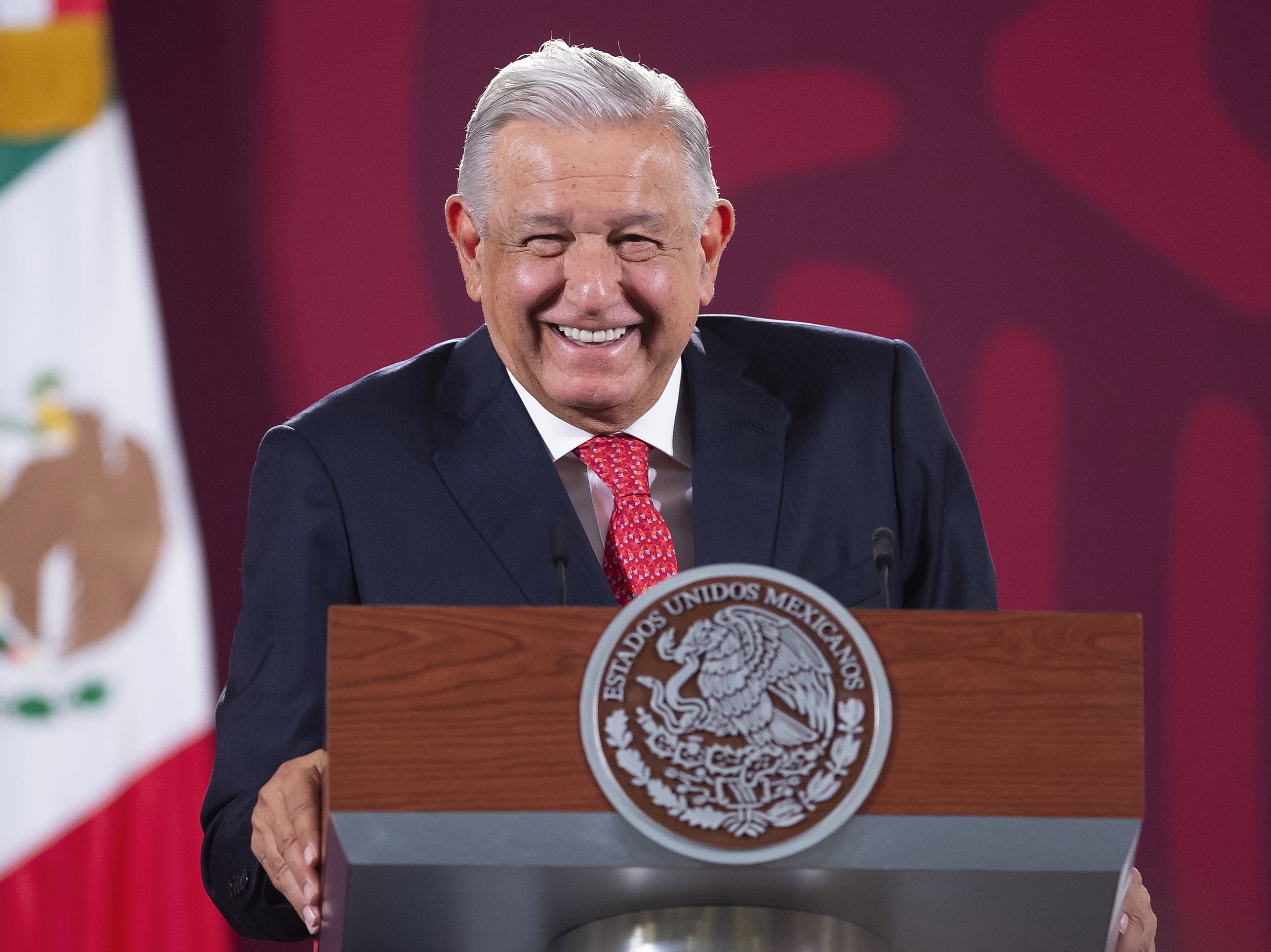 A handout photo made available by the Mexican presidency, of Mexican President Andres Manuel Lopez Obrador, during a press conference at the National Palace in Mexico City, Mexico, 09 June 2022