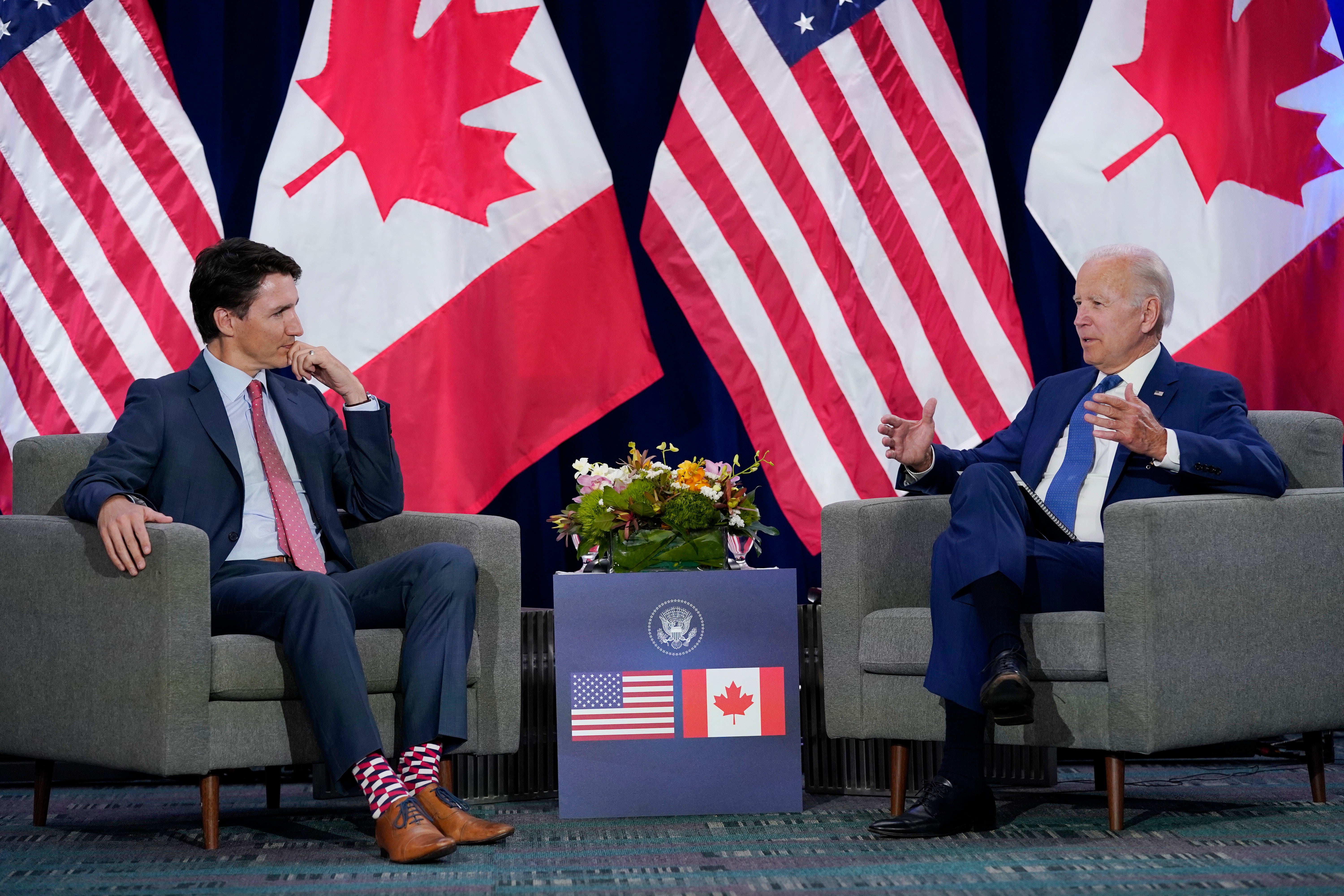 President Joe Biden, right, meets with Canadian Prime Minister Justin Trudeau during the Summit of the Americas, 9 June 2022, in Los Angeles