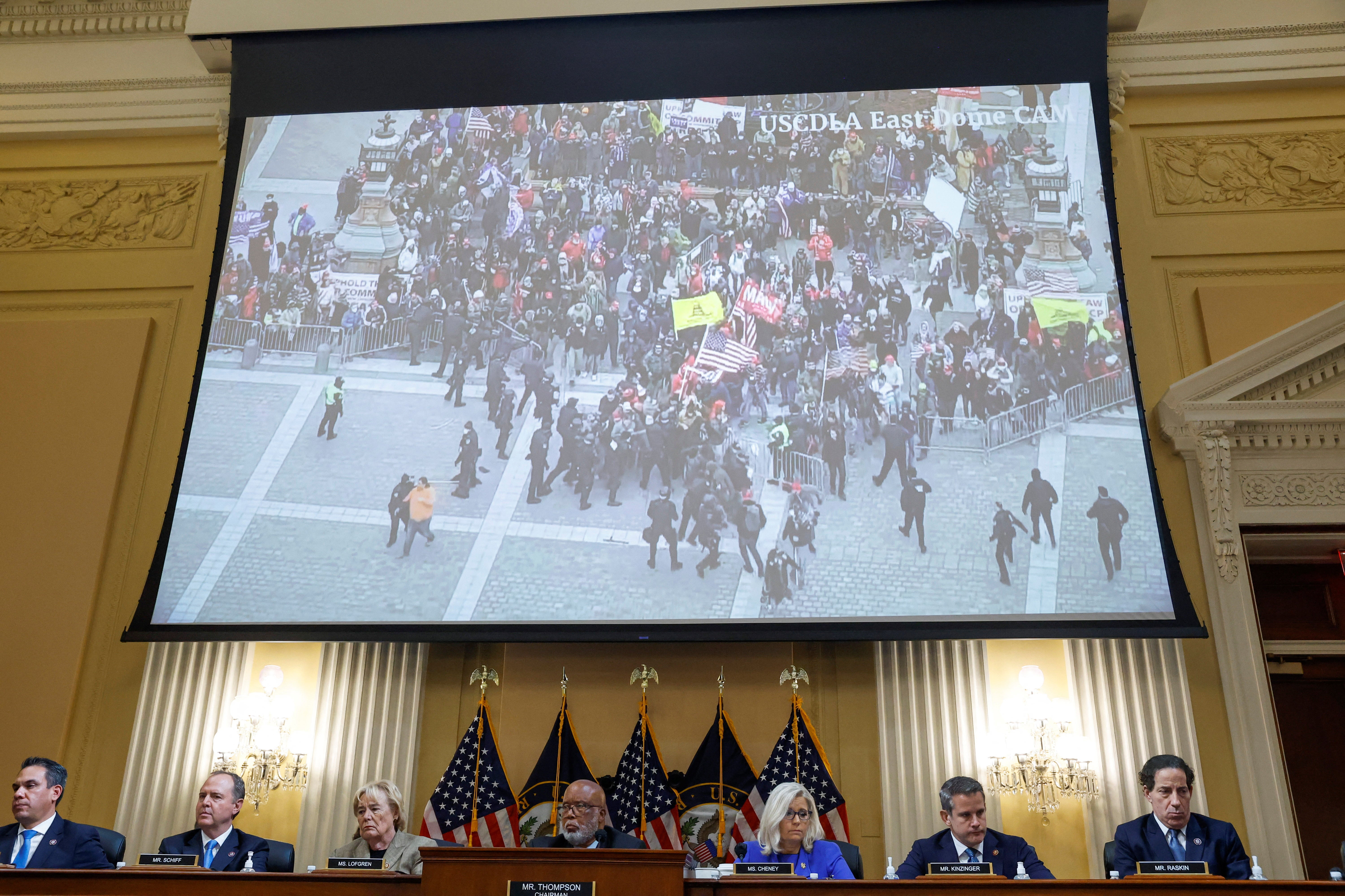 An image of the January 6 Attack on the United States Capitol is seen on video during the hearing of the U.S. House Select Committee to Investigate the January 6 Attack on the United States Capitol, on Capitol Hill in Washington, U.S., June 9, 2022. REUTERS/Jonathan Ernst