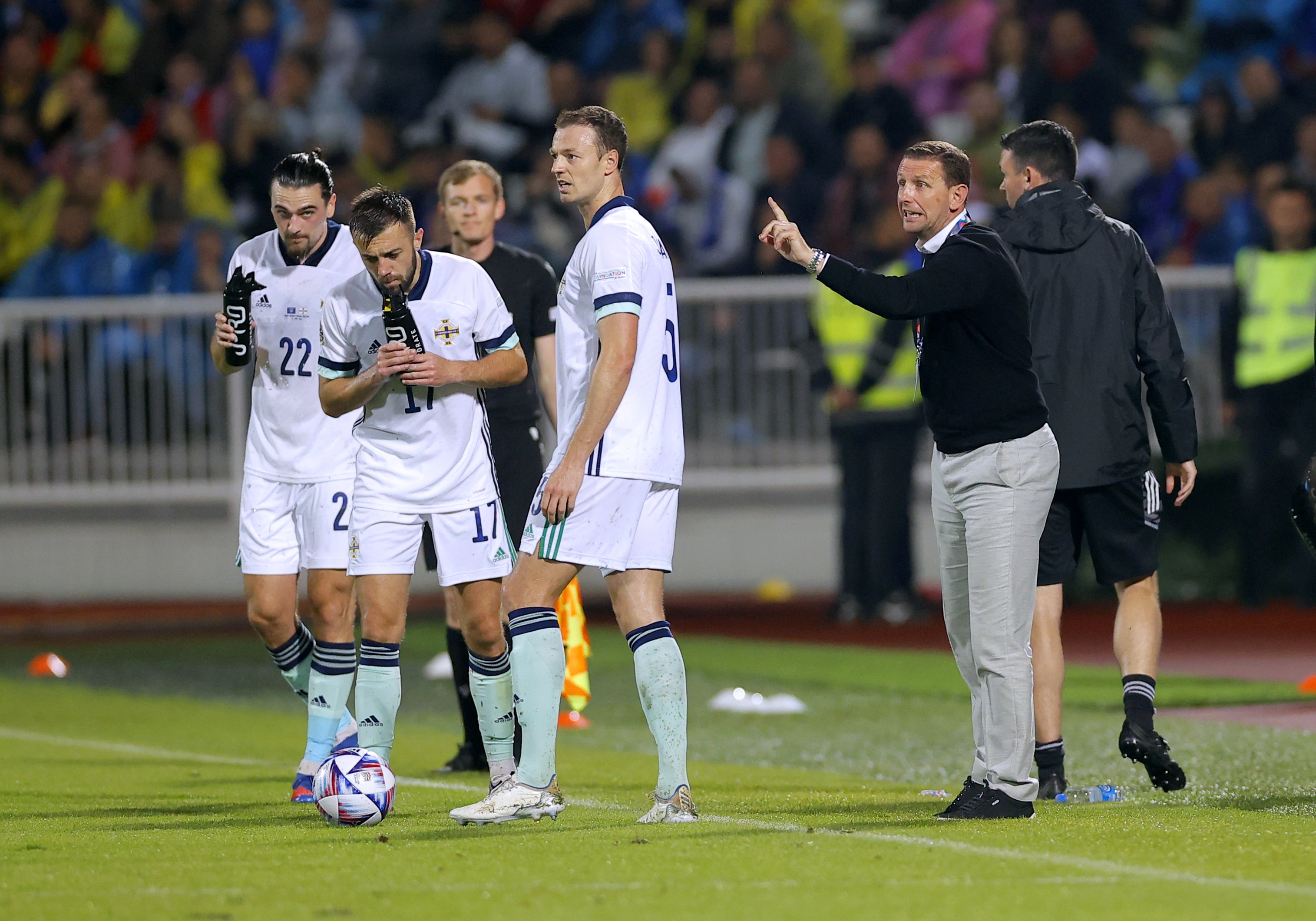 Northern Ireland manager Ian Baraclough, right, gestures on the touchline (Valdrin Xhemaj/PA)