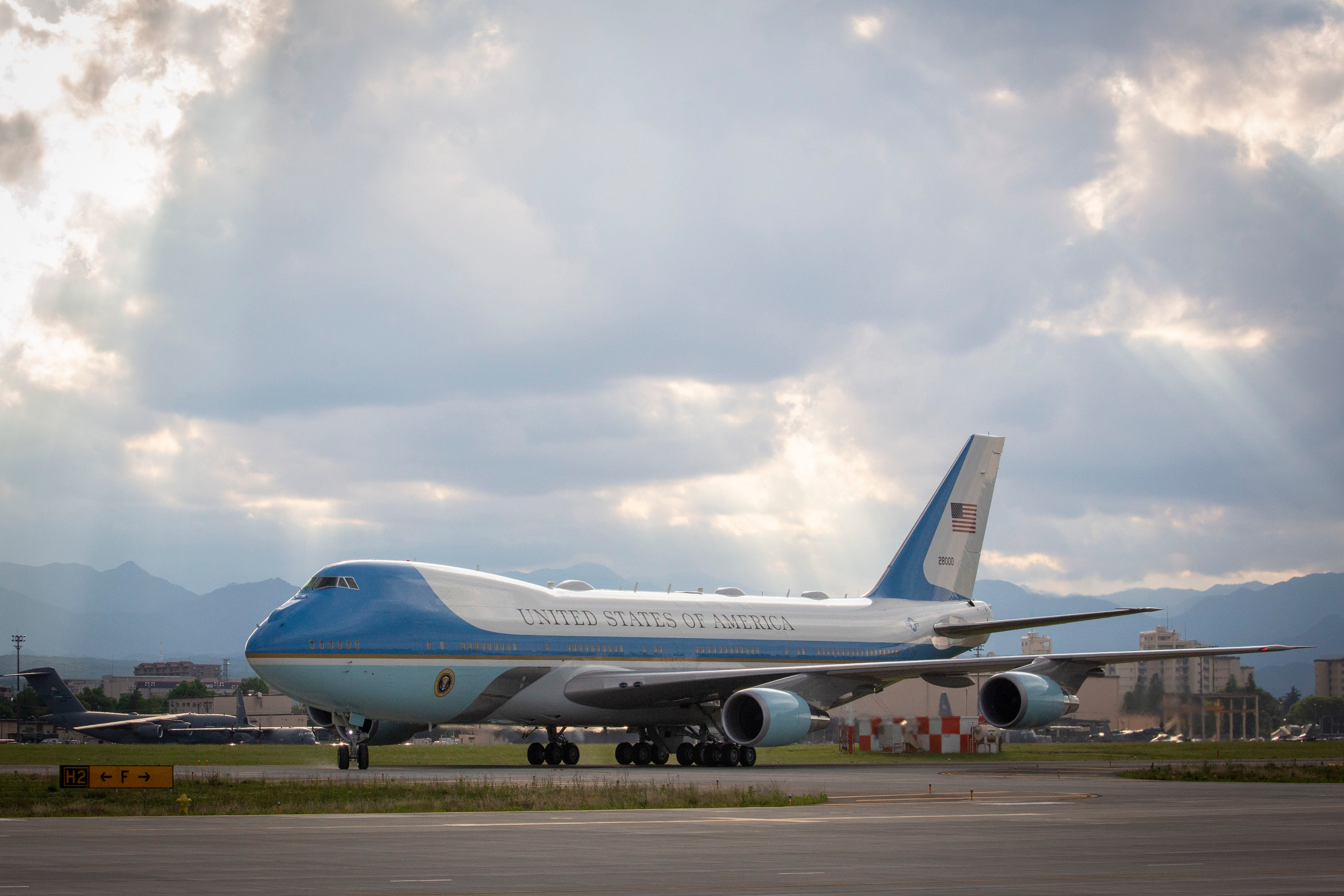 The Air Force One carrying U.S. President Joe Biden taxis at Yokota Air Base on May 22, 2022 in Fussa, Tokyo, Japan