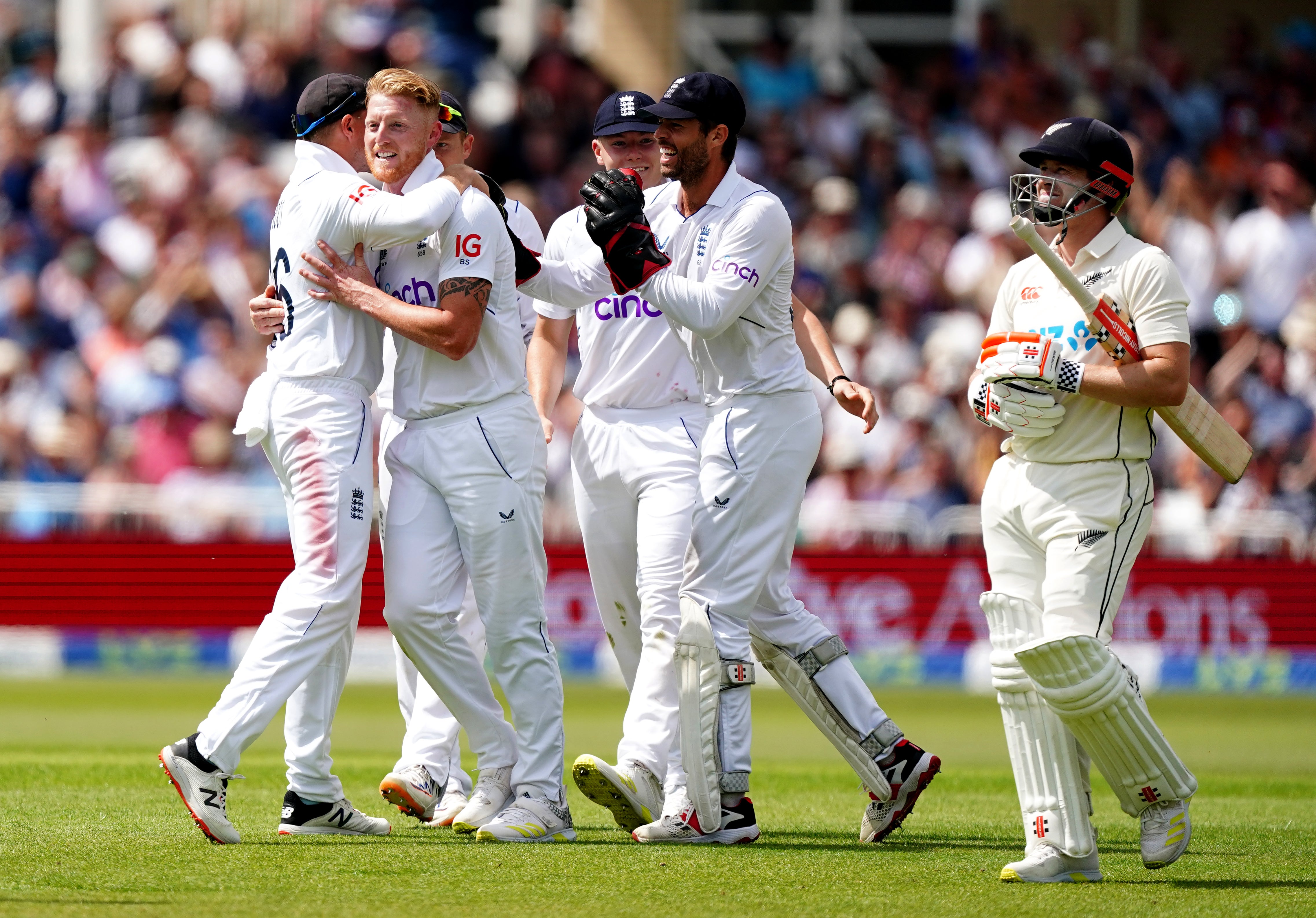 Ben Stokes celebrates taking the wicket of New Zealand’s Henry Nicholls (Mike Egerton/PA)