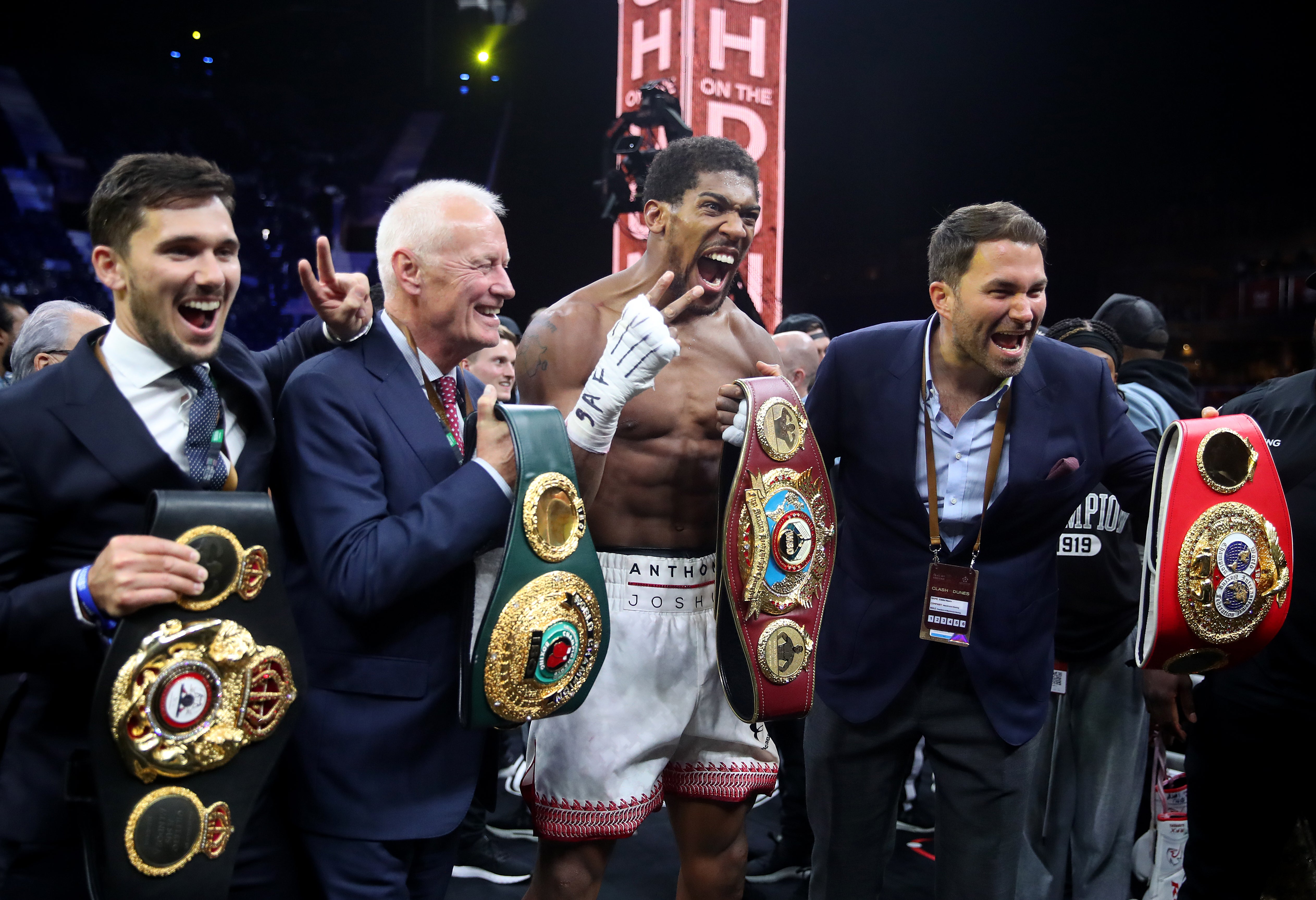 Anthony Joshua celebrates beating Andy Ruiz Jr in Riyadh, Saudi Arabia