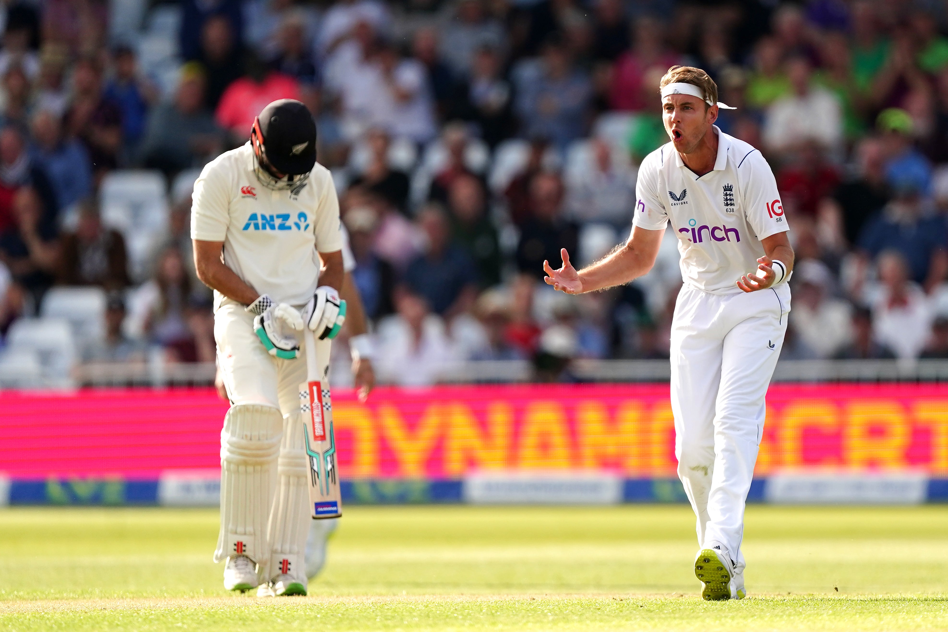 Stuart Broad reacts after the bail sails through the slip cordon (Mike Egerton/PA)