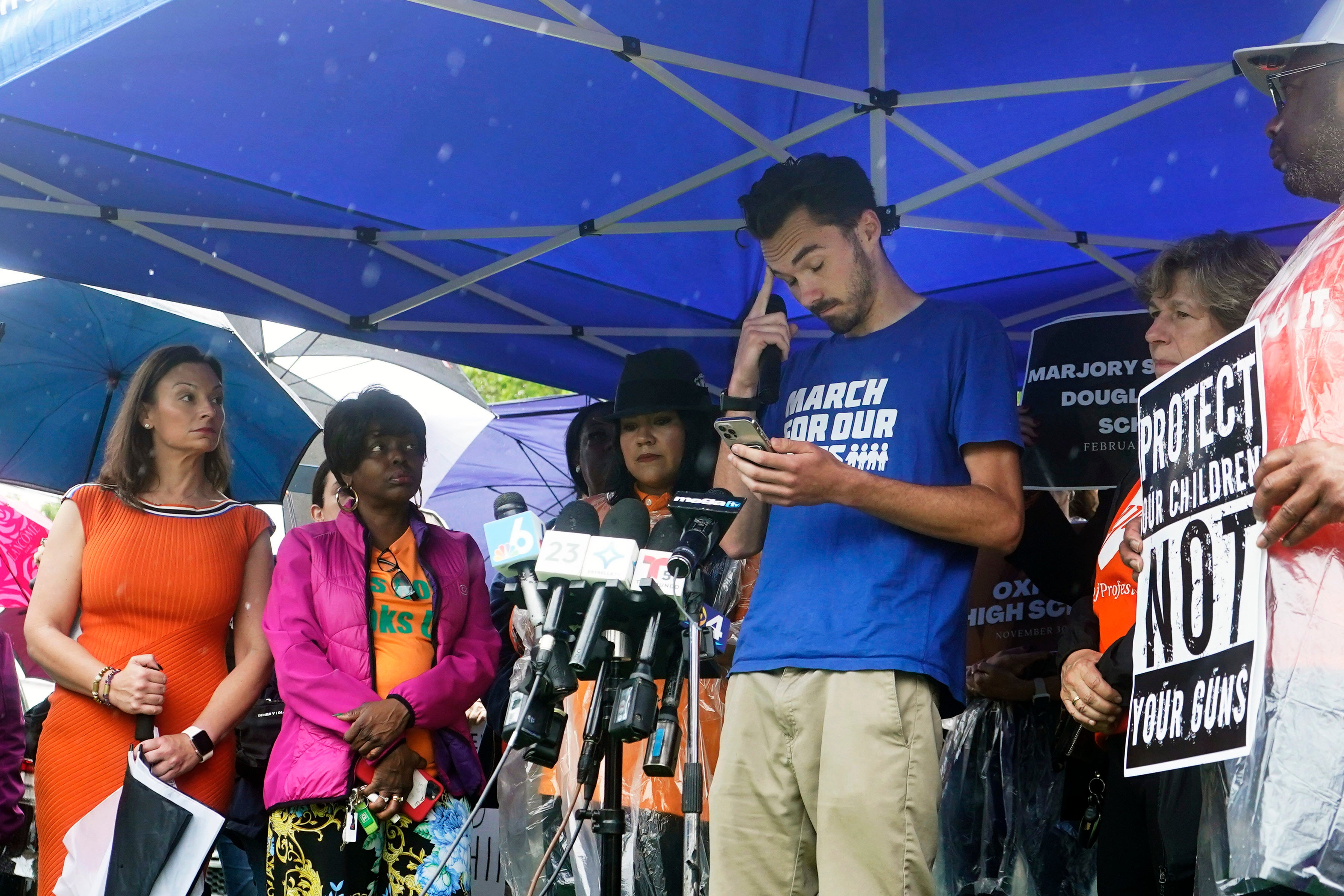 David Hogg, Parkland school shooting survivor and co-founder of March for Our Lives, pauses as he speaks during a rally outside of Republican senator Marco Rubio's Miami office calling for gun reform on 3 June 2022