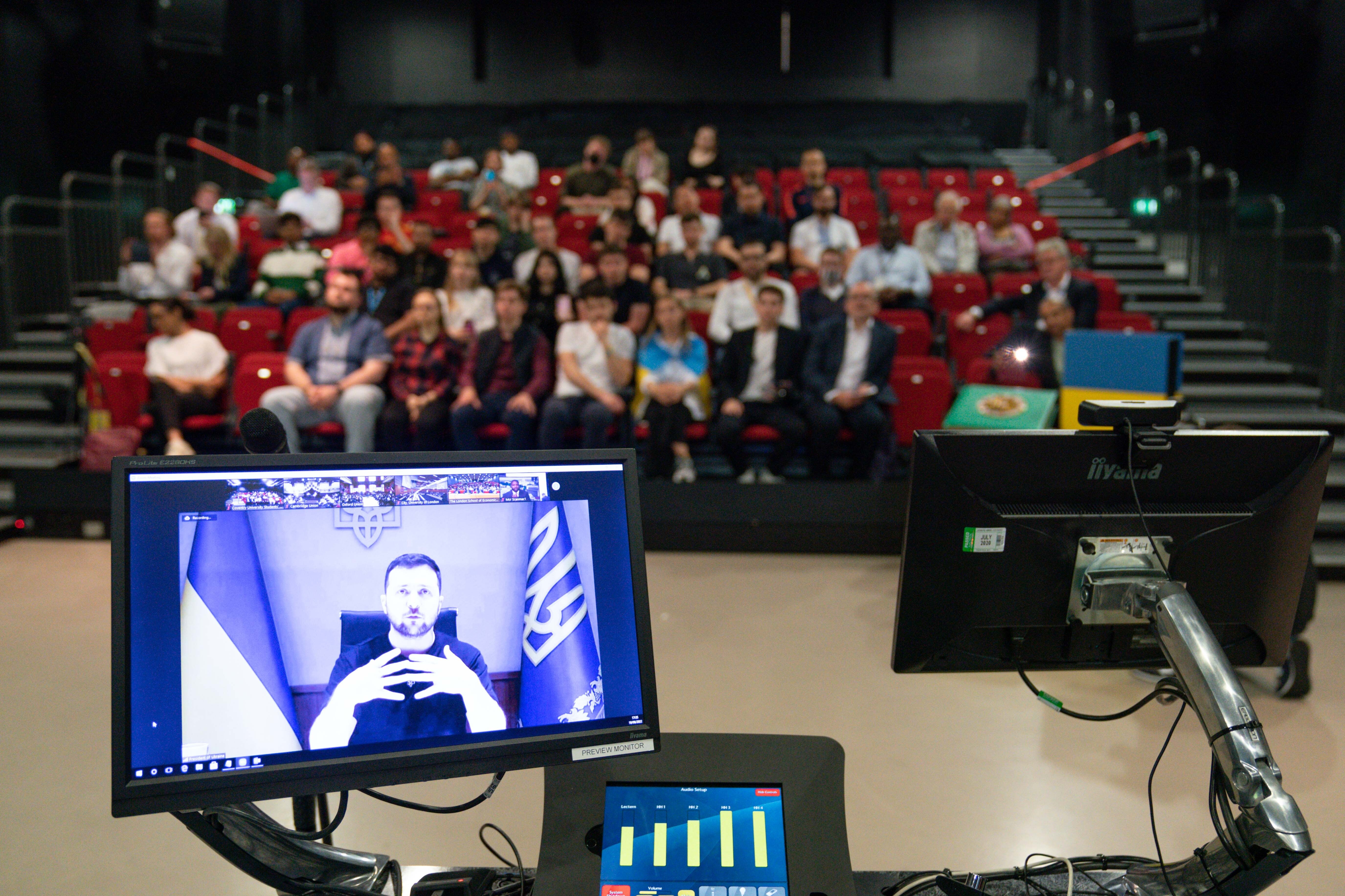 Ukrainian President Zelensky addresses students at Coventry University, as part of a live broadcast to a number of UK universities. (Jacob King/PA)