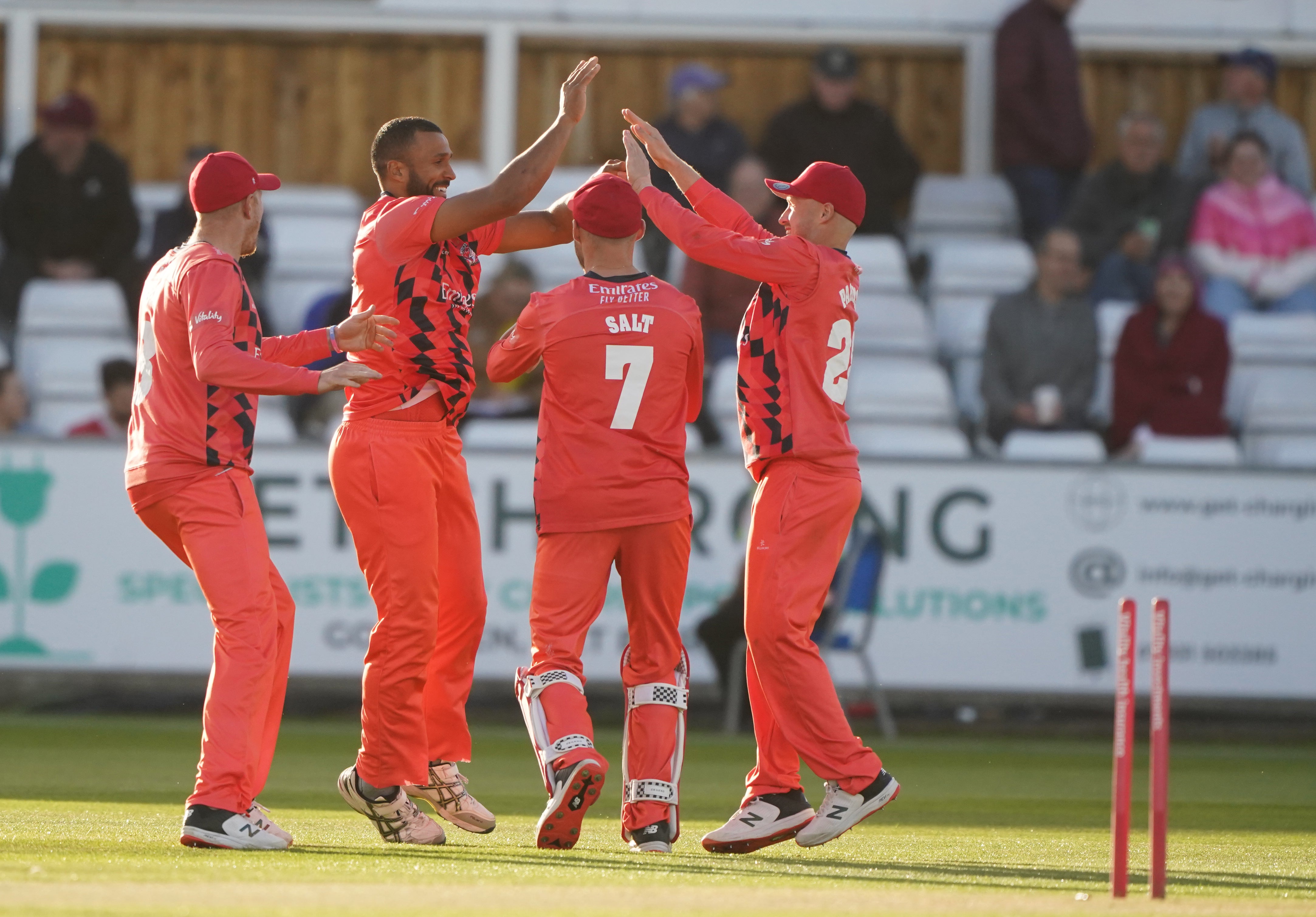 Lancashire Lightning players celebrate a wicket but Durham emerged victorious (Owen Humphreys/PA)