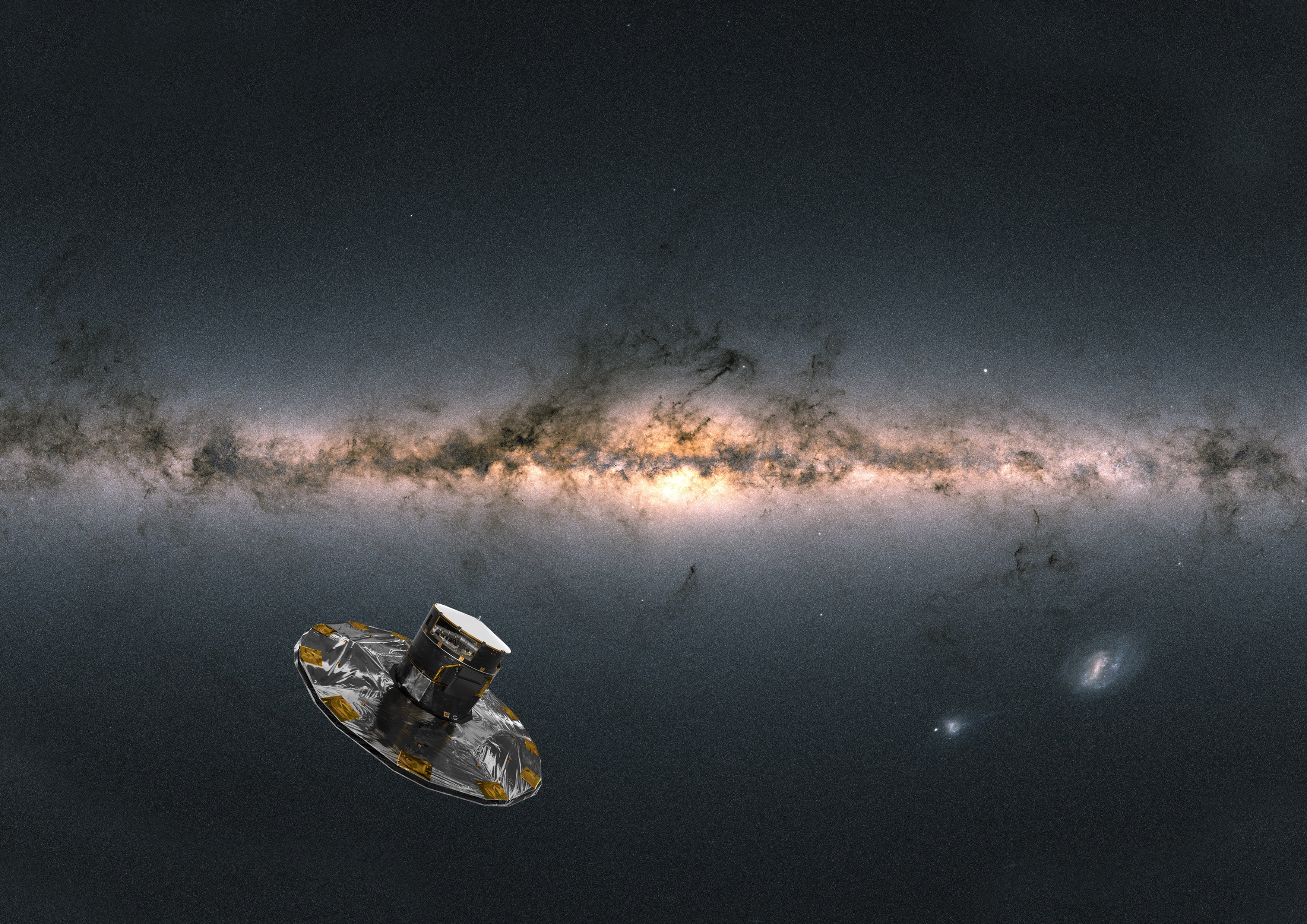 An artist’s conception of the European Space Agency’s Gaia space telescope observing the galaxy