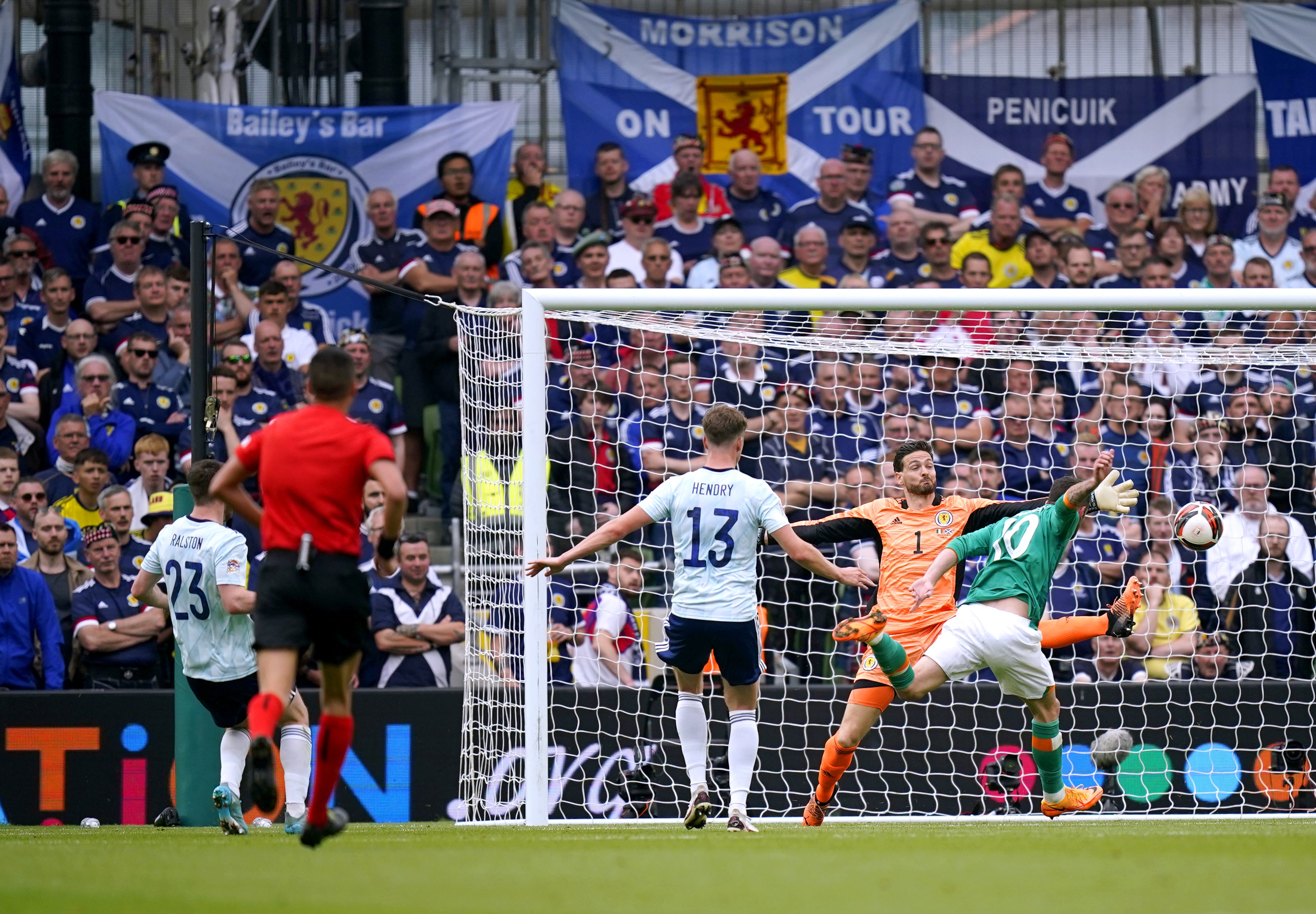 Troy Parrott heads in the second goal for the hosts (Niall Carson/PA).