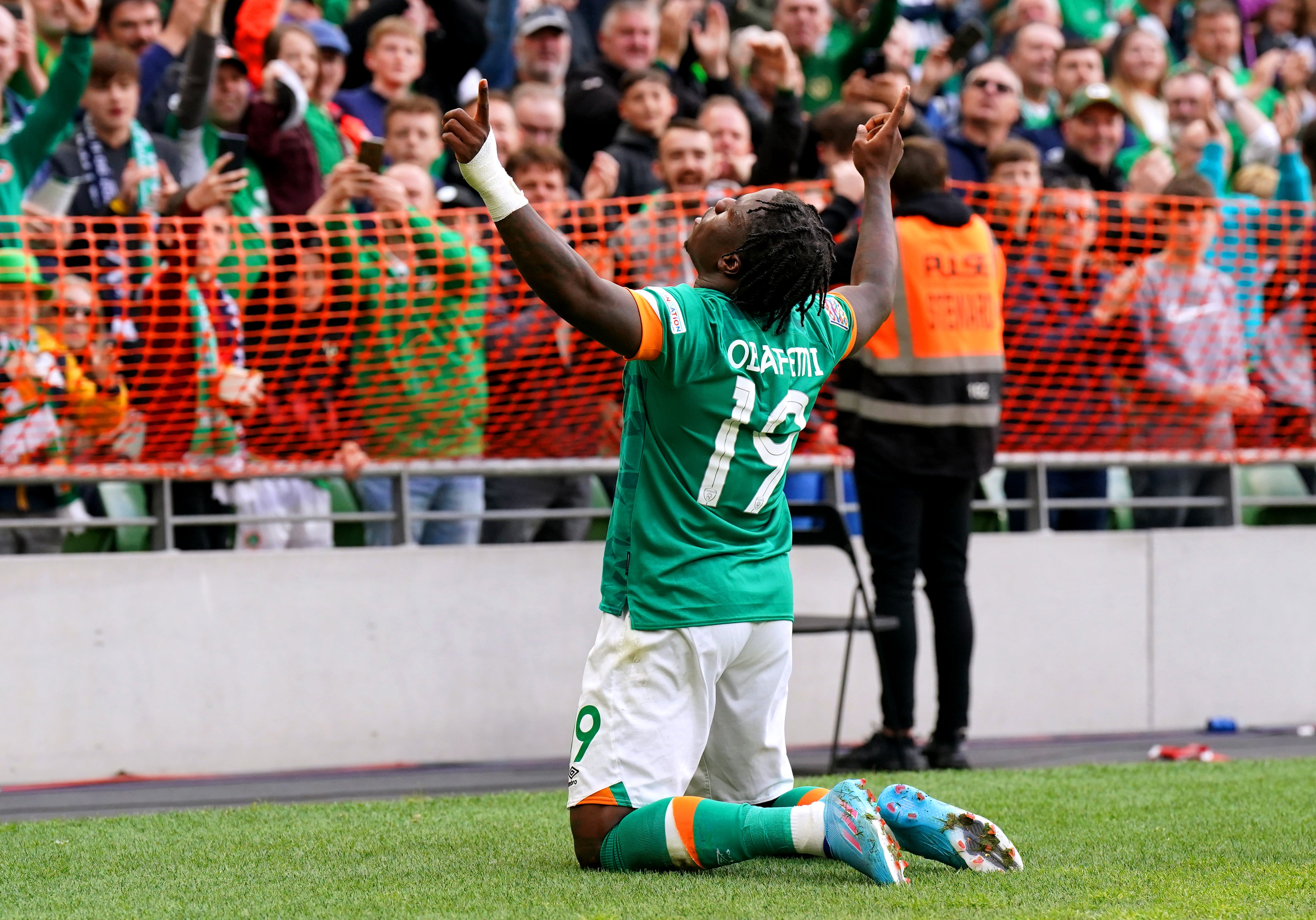 Michael Obafemi celebrates his goal against Scotland (Niall Carson/PA).