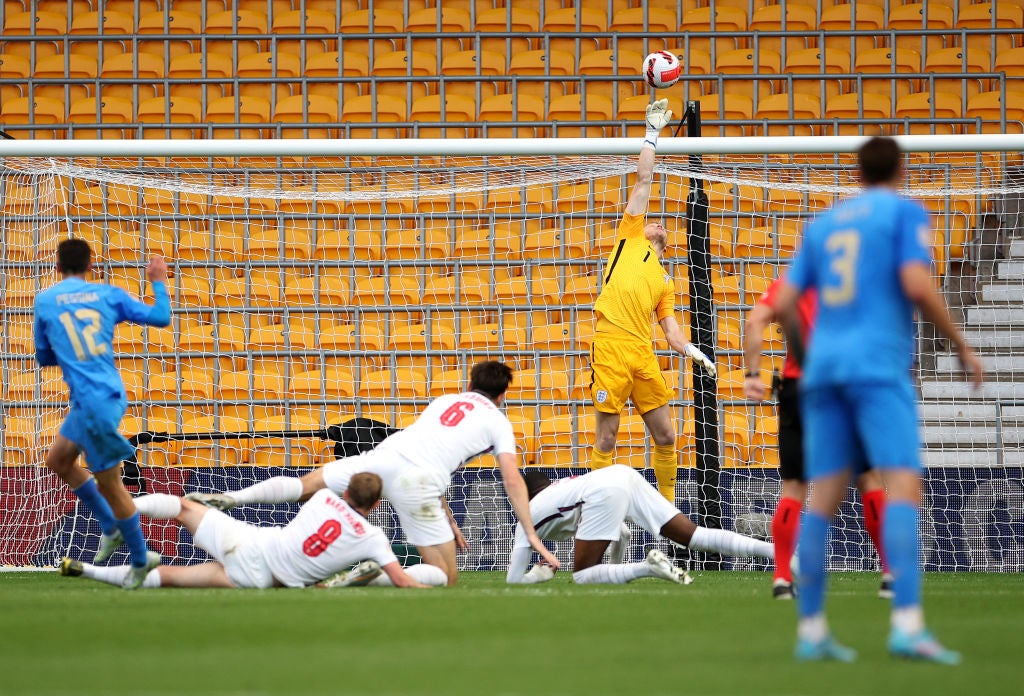 England’s stopper Aaron Ramsdale in action on Saturday night