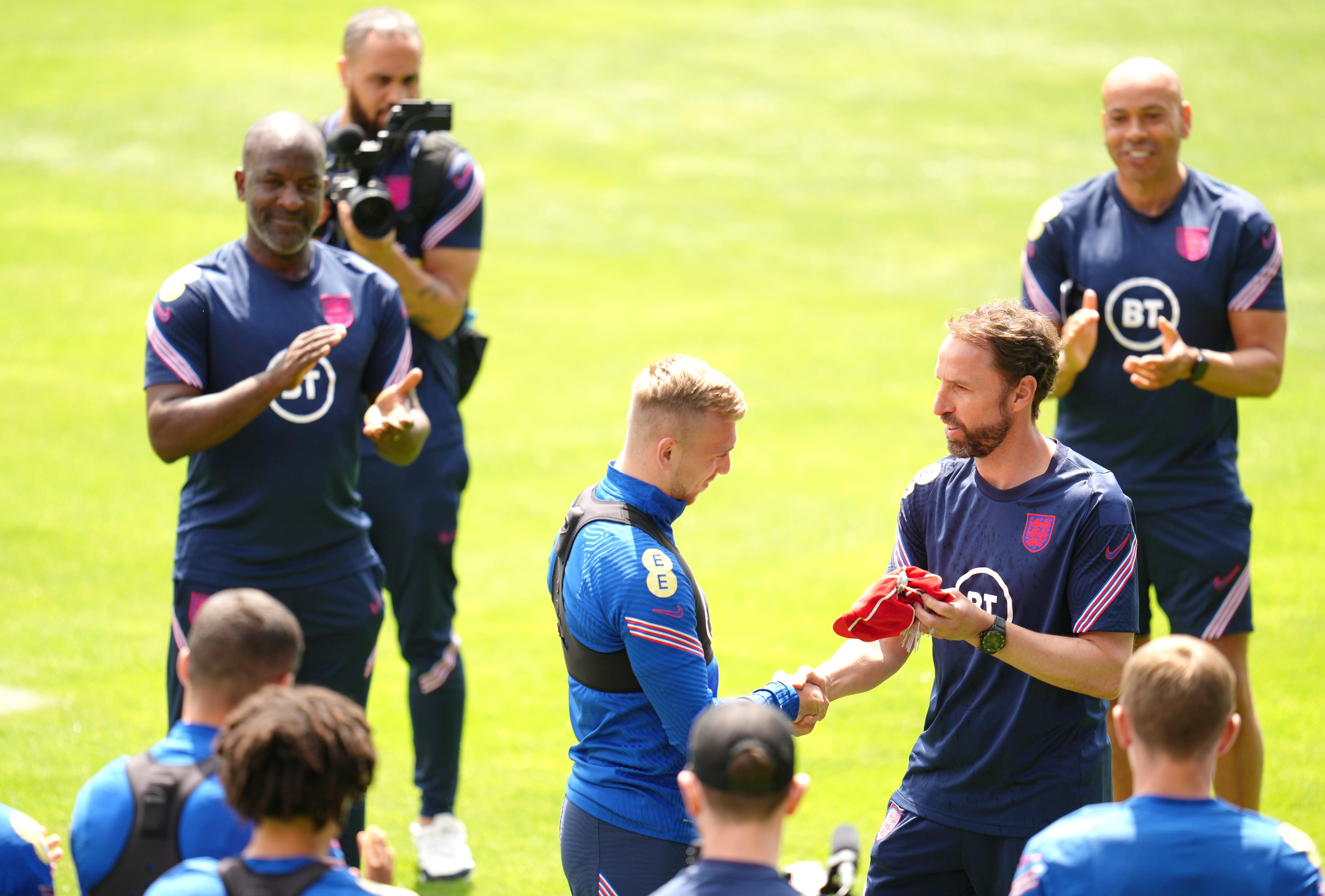 Jarrod Bowen receives his cap from England manager Gareth Southgate (Nick Potts/PA).