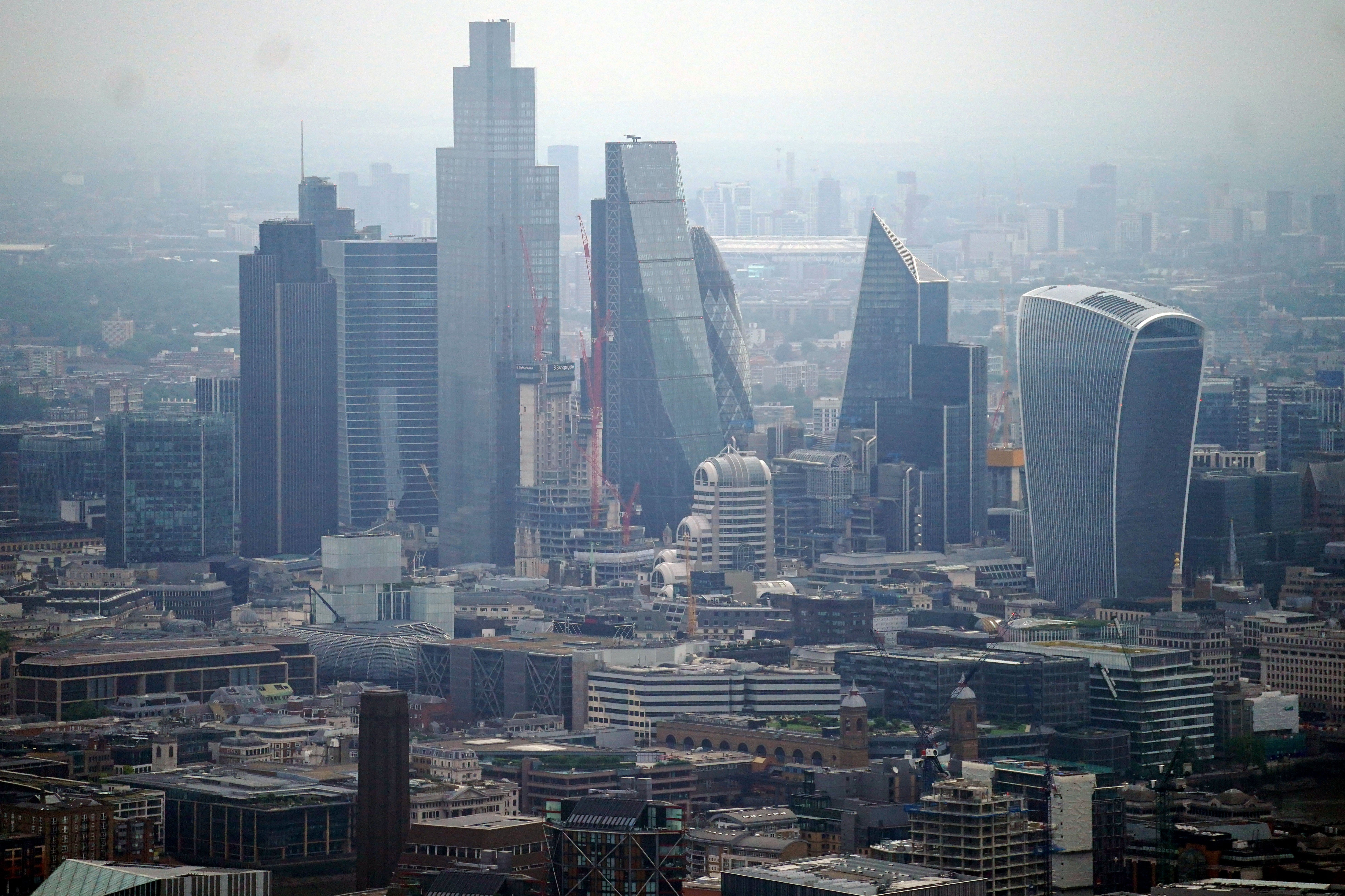 An aerial view of the City of London skyline, including the Leadenhall building, the Gherkin, 20 Fenchurch Street, 22 Bishopsgate and The Scalpel. Picture date: Friday July 9, 2021.