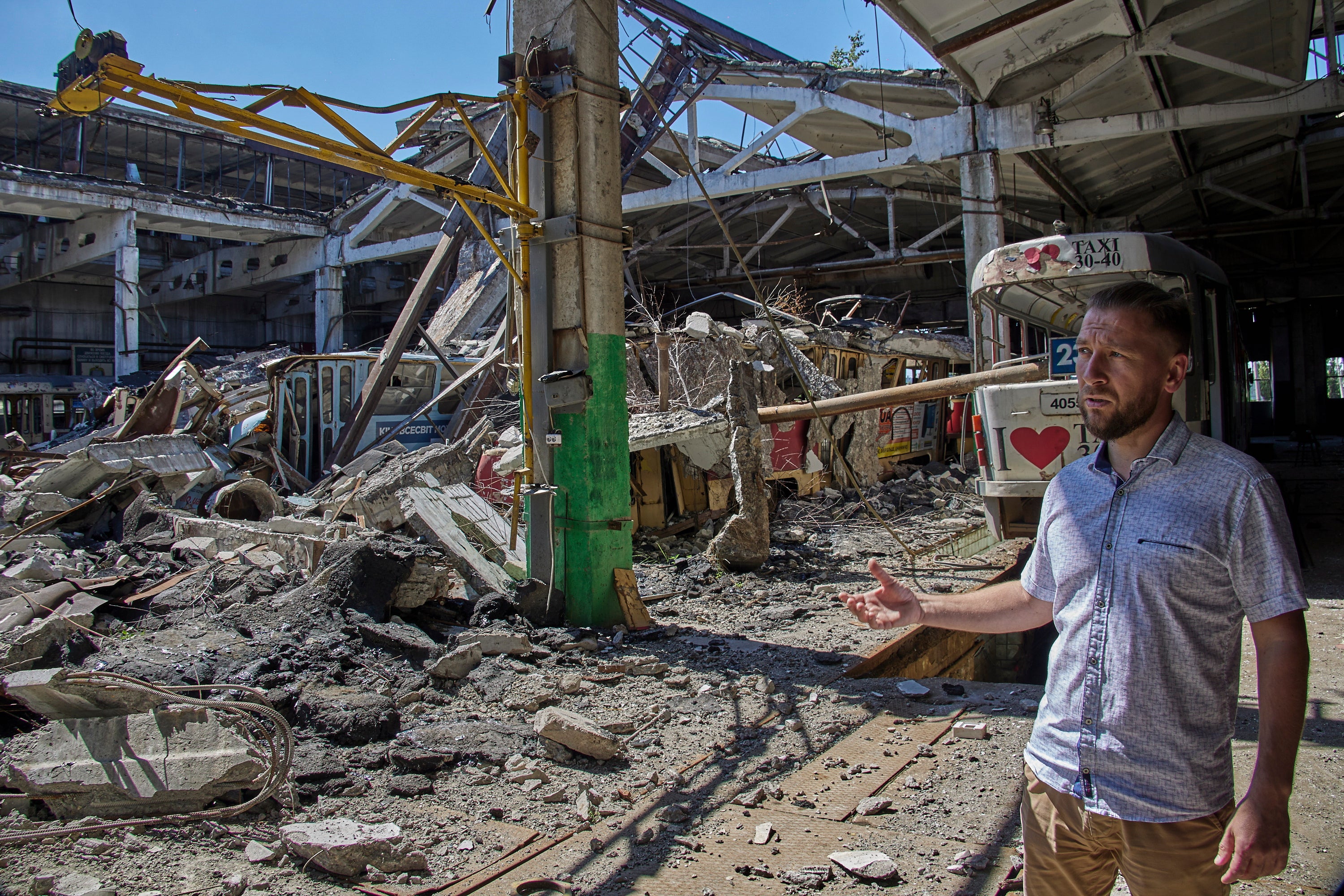 A tramway depot destroyed by Russian shelling in Kharkiv, Ukraine, on 10 June