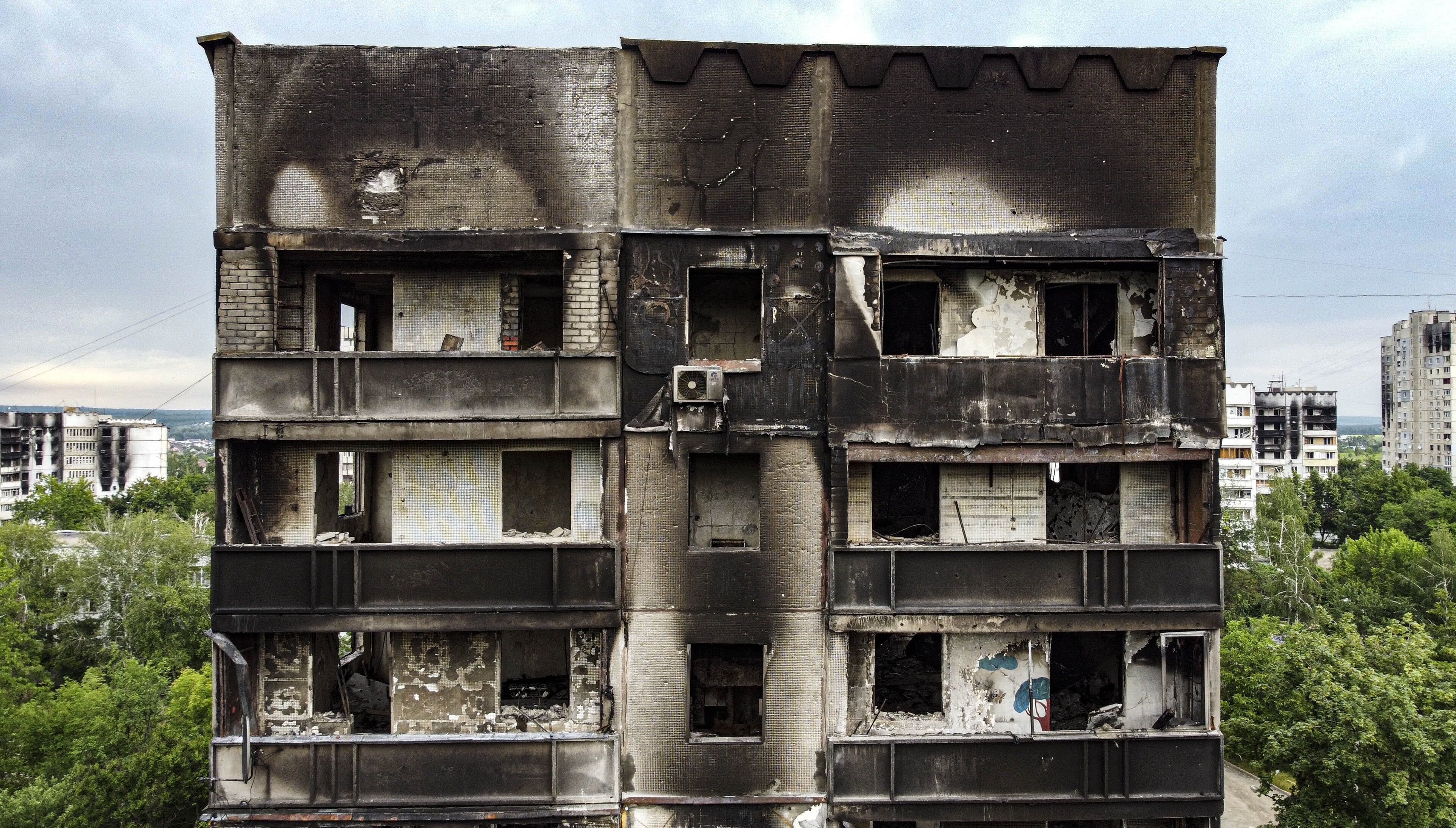 A ruined residential block near Kharkiv on 12 June