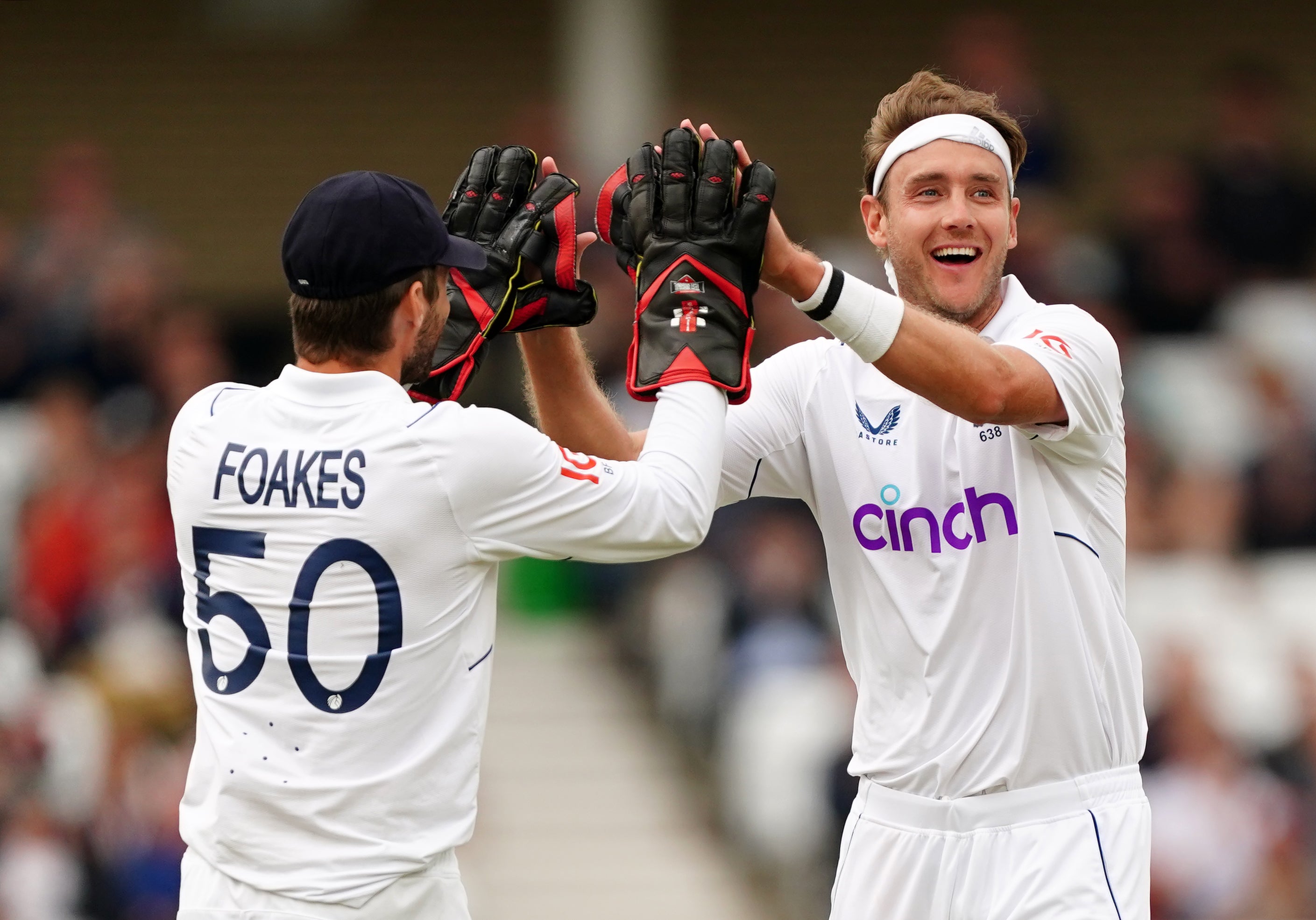 Ben Foakes and Stuart Broad celebrate a New Zealand wicket on day four (Mike Egerton/PA)