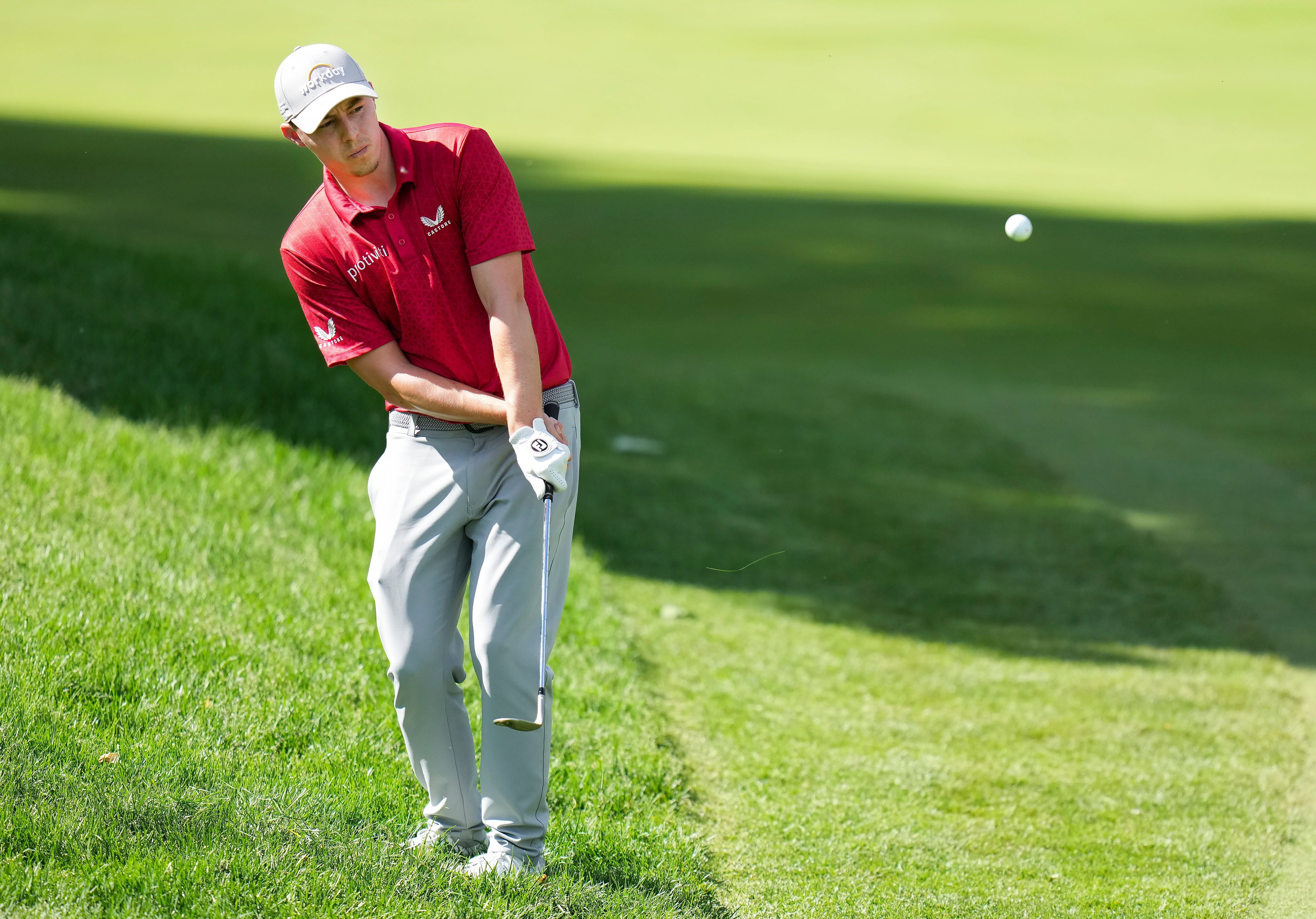 Matt Fitzpatrick hit from the rough on the 14th hole during round two of the Canadian Open (Nathan Denette/The Canadian Press via AP)