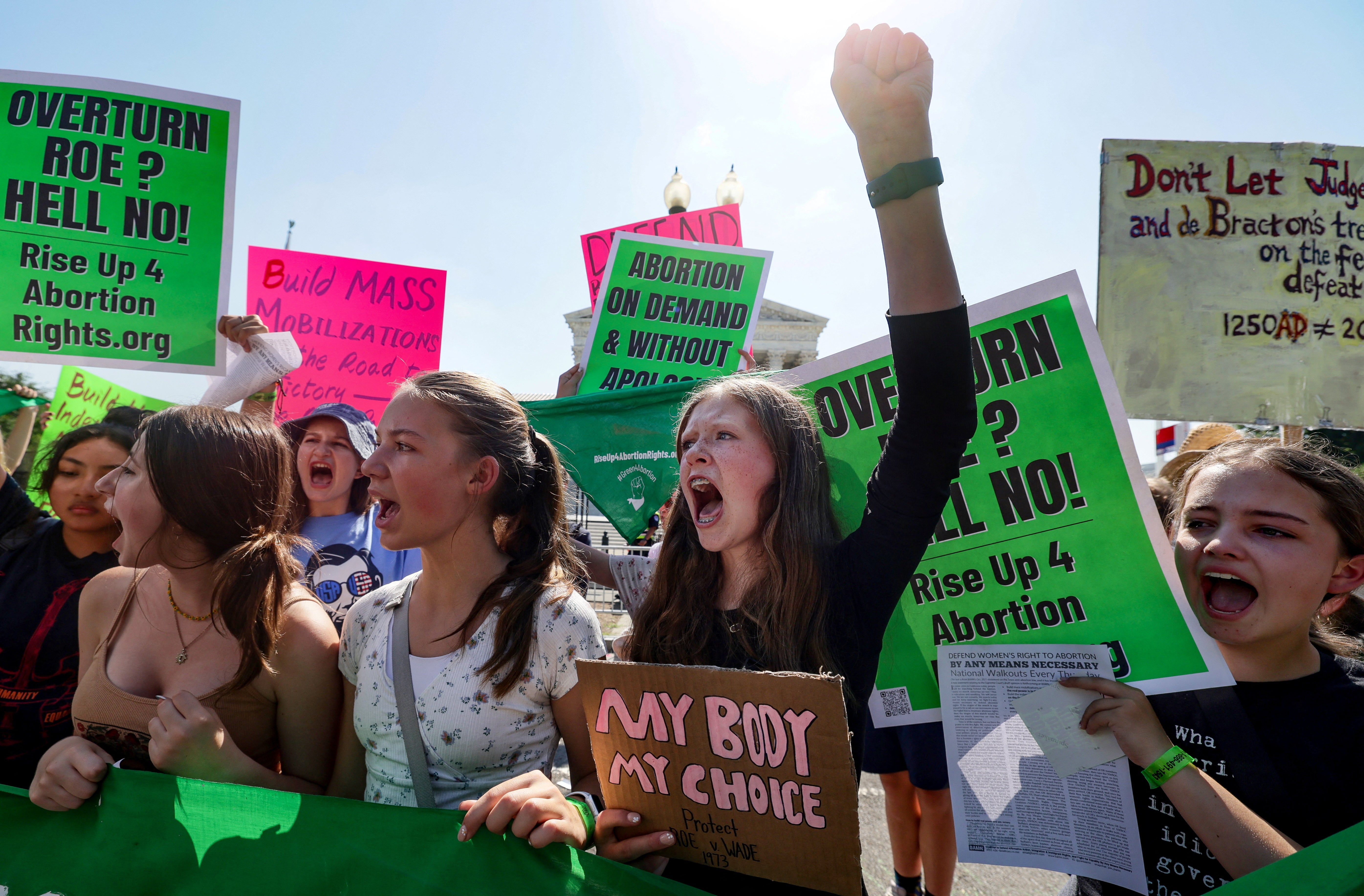 Abortion rights protesters demonstrate outside the Supreme Court on 13 June.