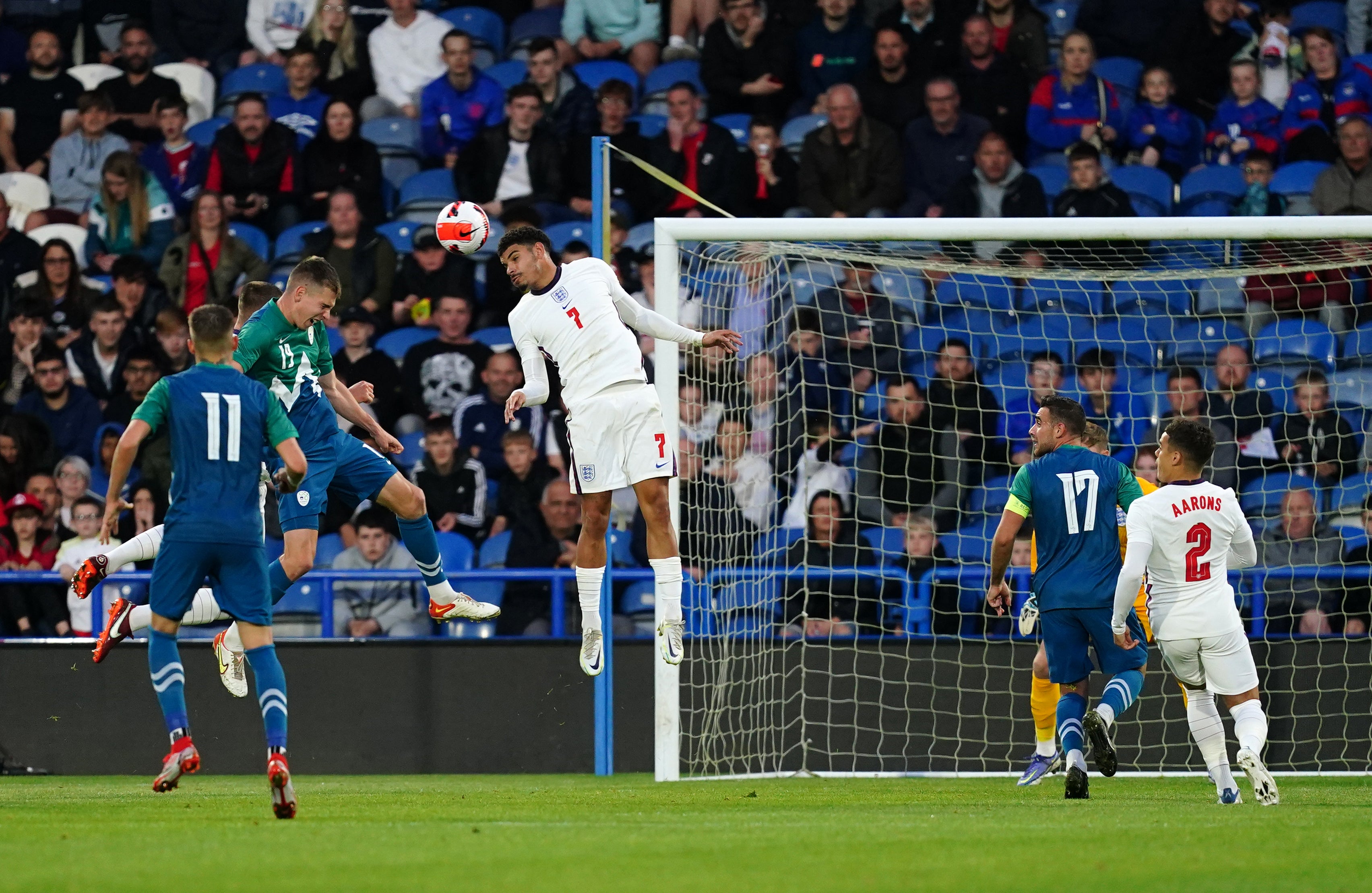 Slovenia’s Mark Zabukovnik (second left) scored the visitors’ key second goal (Martin Rickett/PA)
