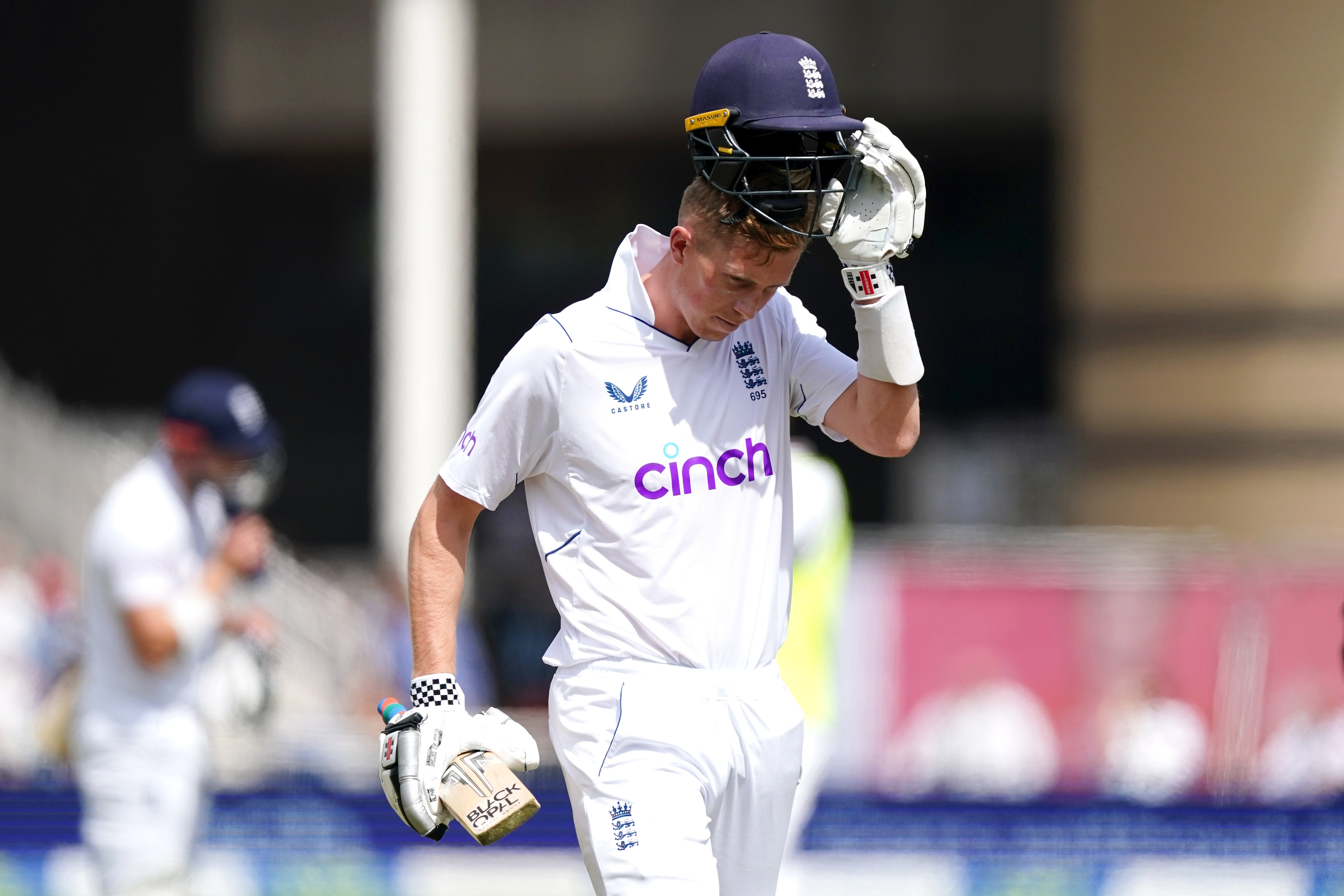 Zak Crawley walks off after being dismissed for a duck at the start of England’s chase for a victory target of 299 runs against New Zealand