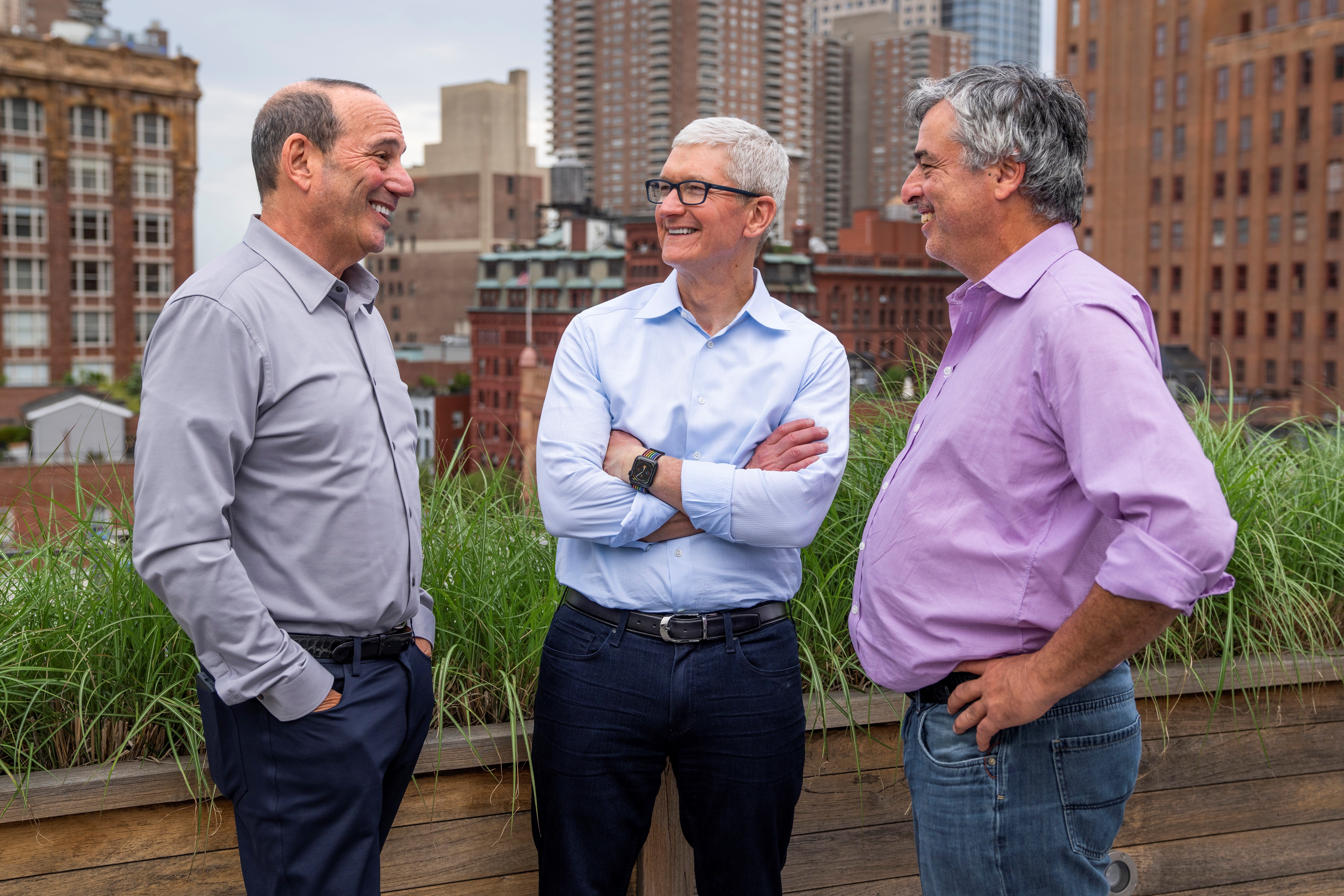 MLS commissioner Don Garber, Apple CEO Tim Cook, & Apple’s senior vice president of services Eddy Cue (Apple Inc/Handout)