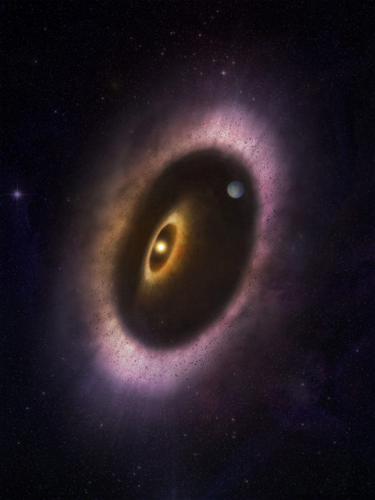 An artist’s impression of the billion-year-old Sun-like star, HD 53143, and its highly eccentric debris disk.