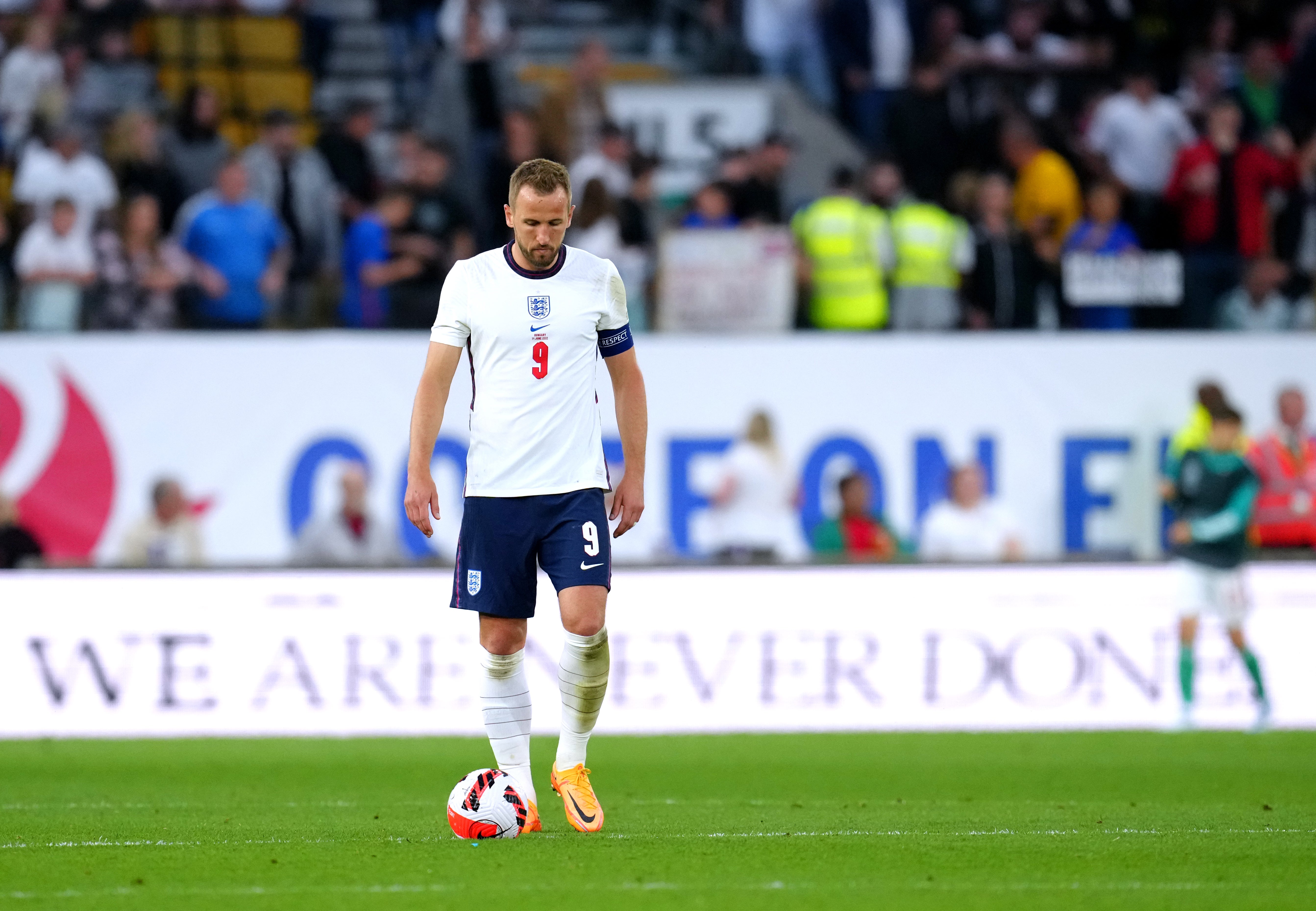 Harry Kane looks dejected as England’s miserable run of Nations League games concluded