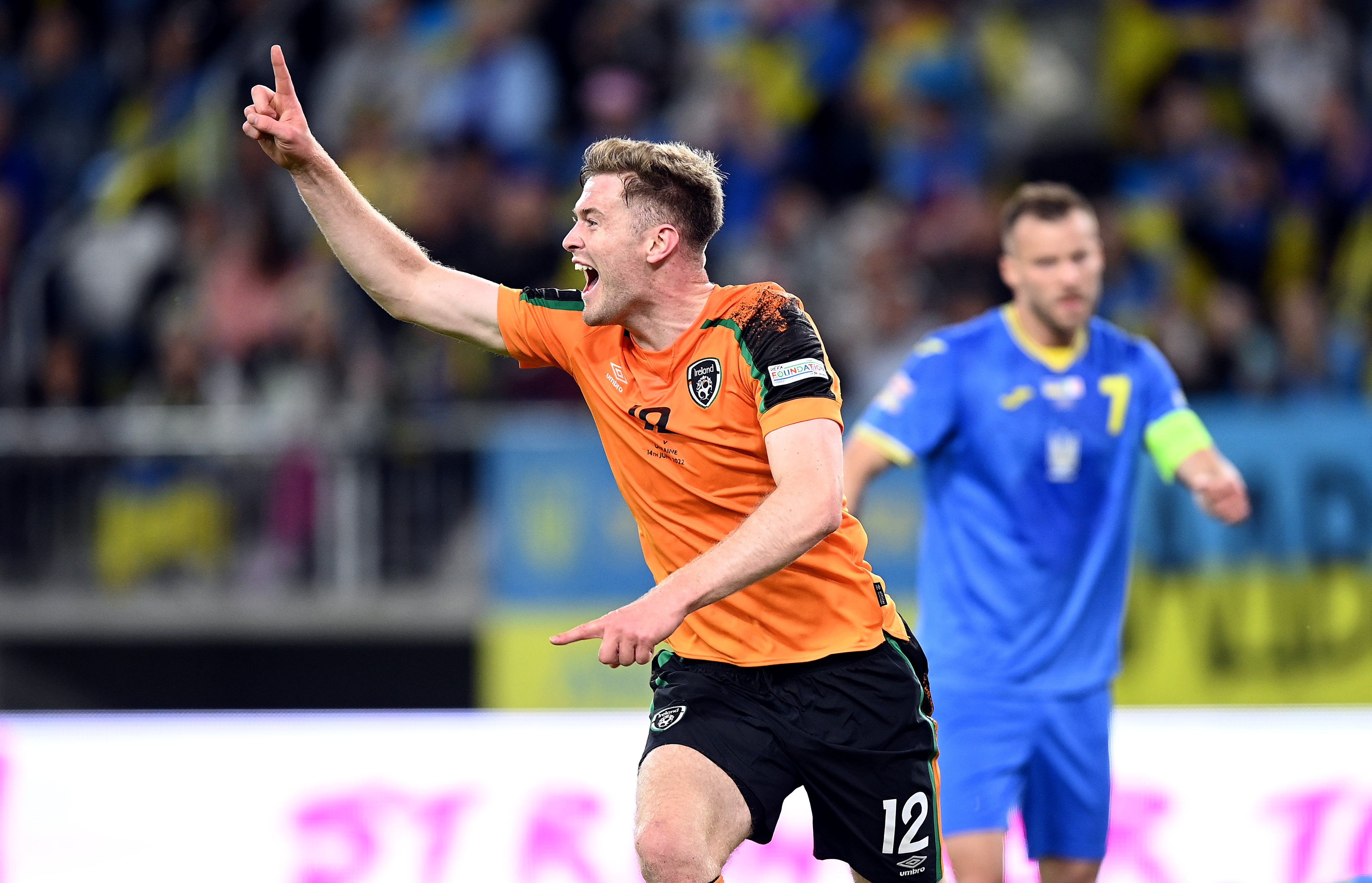 Republic of Ireland defender Nathan Collins celebrates his goal against Ukraine (Rafal Oleksiewicz/PA)